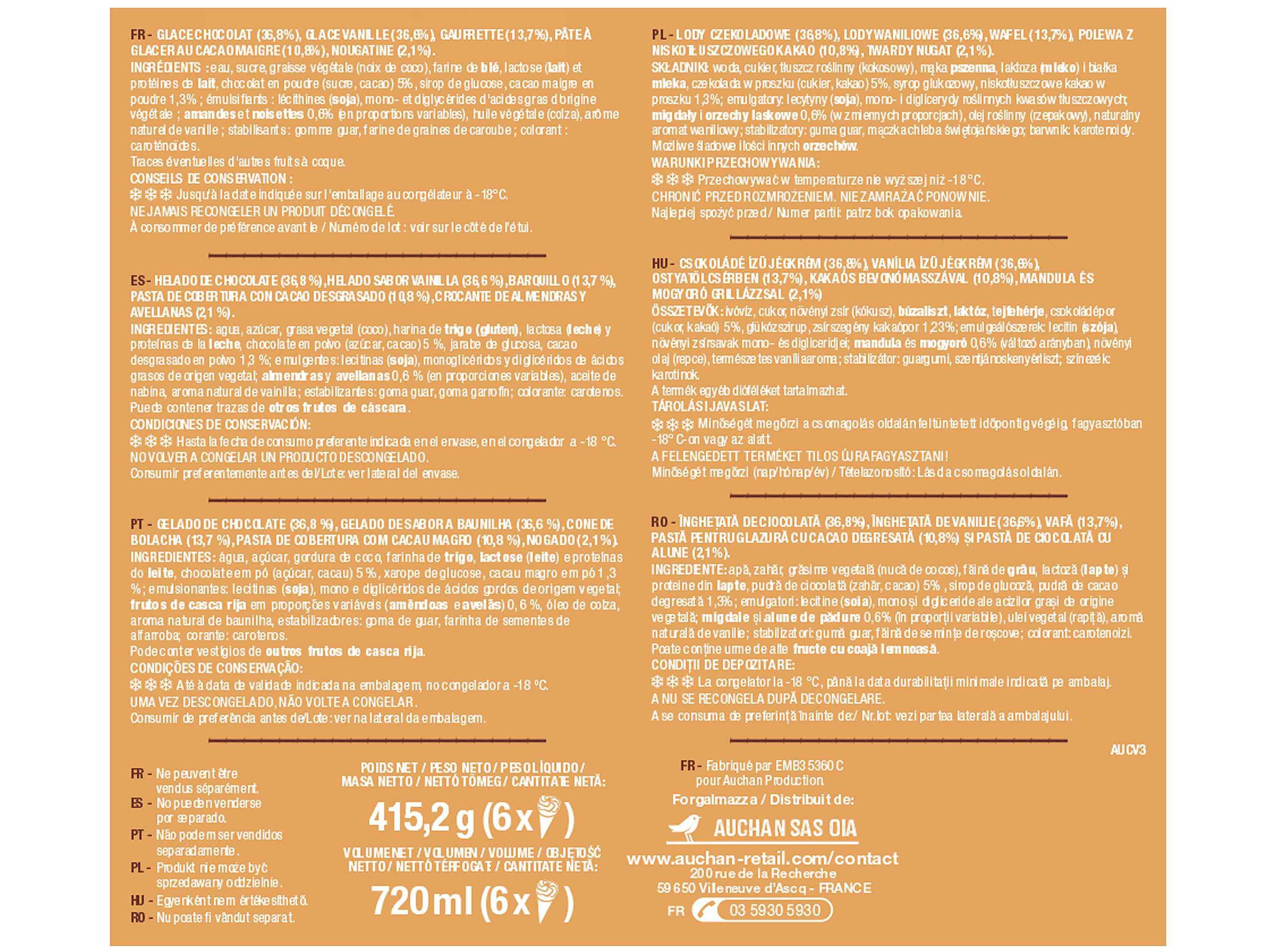 GELADO CONE AUCHAN BAUNILHA E CHOCOLATE 6X120ML image number 2