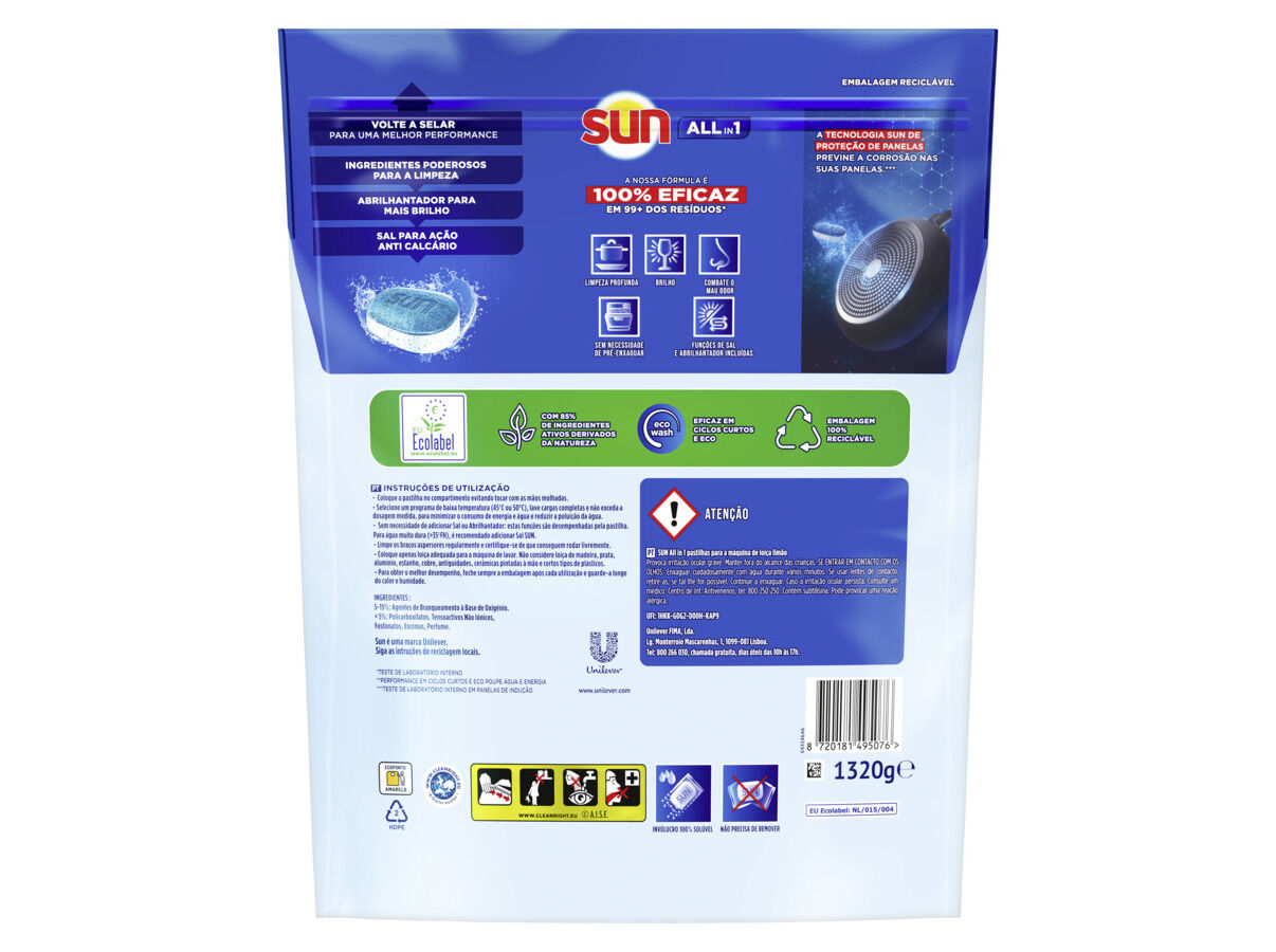 DETERGENTE LOI&Ccedil;A M&Aacute;QUINA SUN ALL IN ONE LIM&Atilde;O 80PASTILHAS image number 1