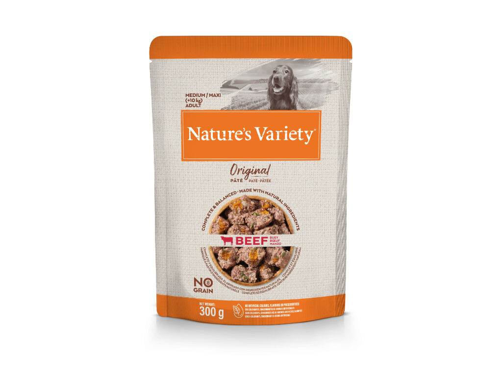 COMIDA H&Uacute;MIDA PARA C&Atilde;O NATURE'S VARIETY M&Eacute;DIO/MAXI VACA 300G image number 0