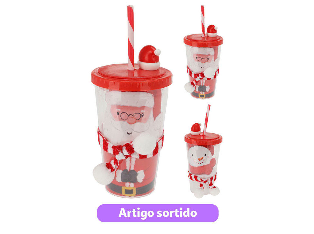 COPO COM PALHINHA E TAMPA NATAL PL&Aacute;STICO 420ML MODELOS SORTIDOS