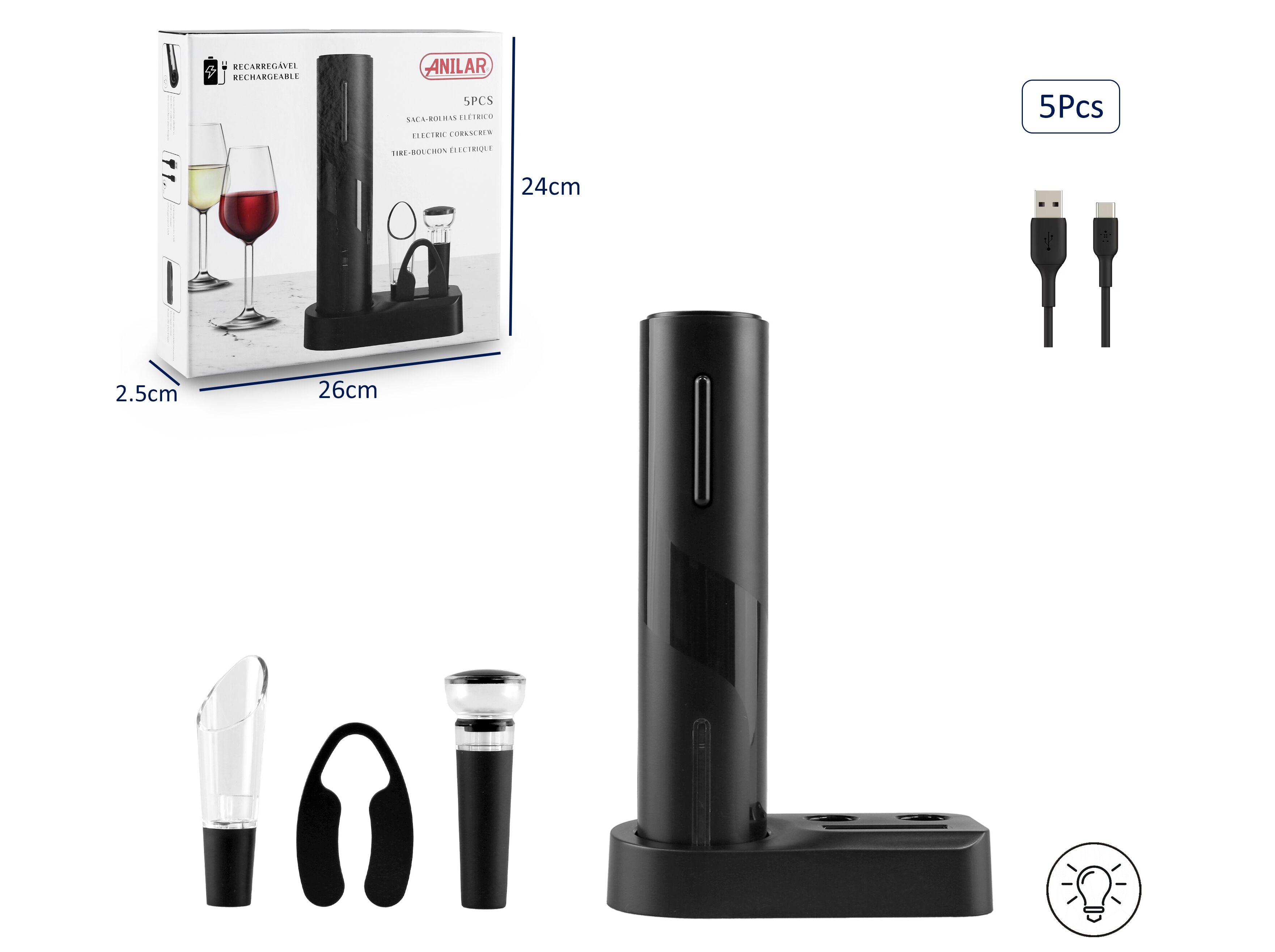 CONJUNTO DE SACA ROLHAS ANILAR COM BATERIA RECARREGAVEL