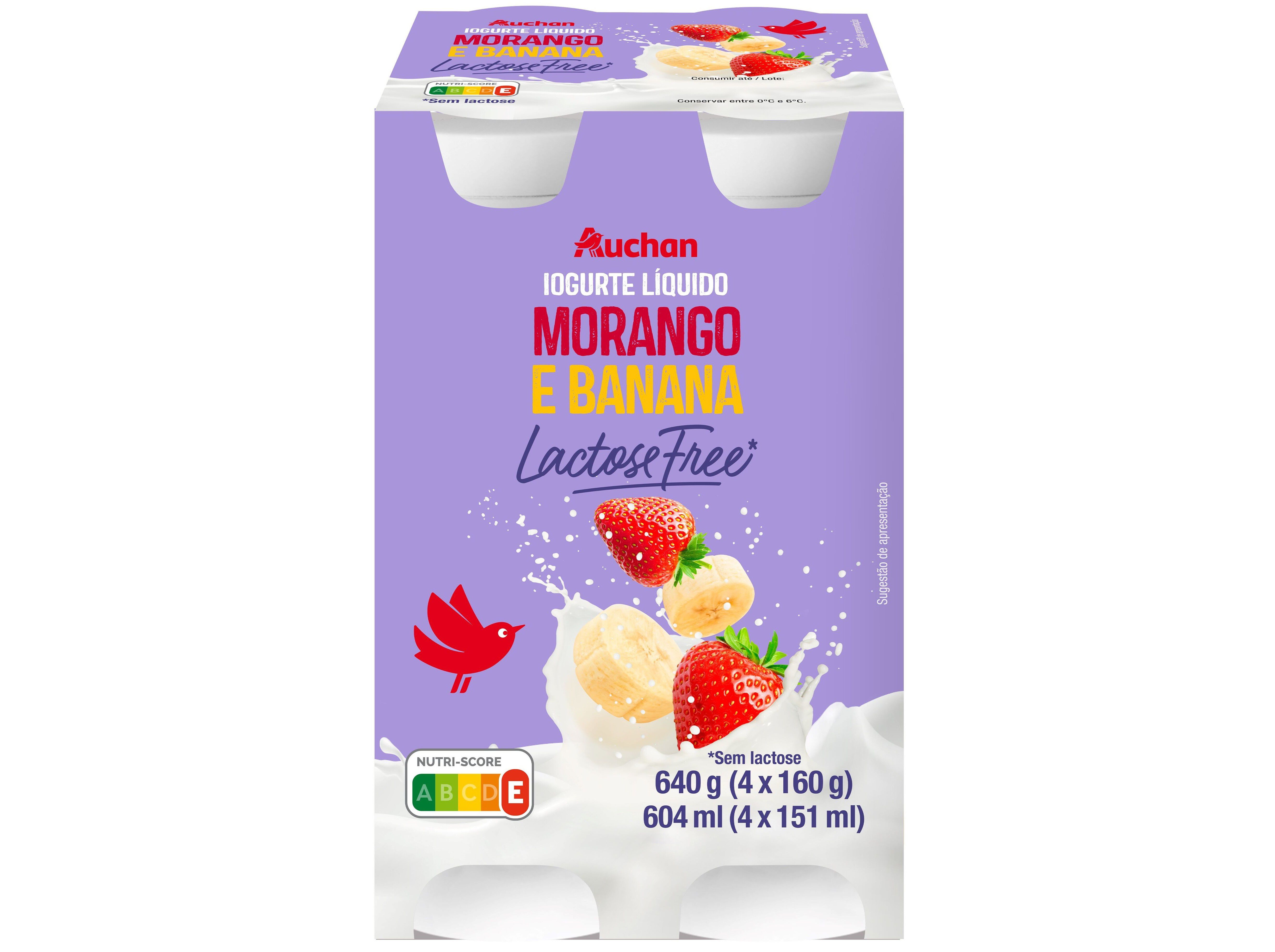 IOGURTE L&Iacute;QUIDO AUCHAN SEM LACTOSE MORANGO E BANANA 4X160G