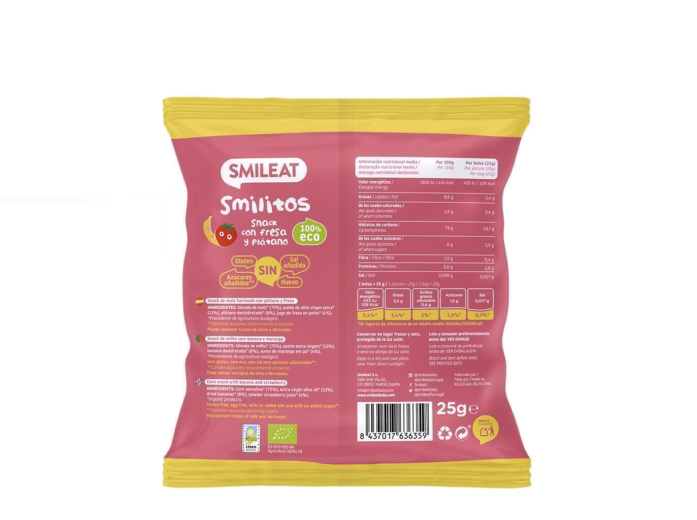 SNACKS SMILEAT BIO BANANA E MORANGO 25G image number 1