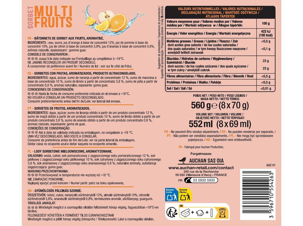 SORBET PALITO AUCHAN MULTI FRUITS 8X69ML image number 2