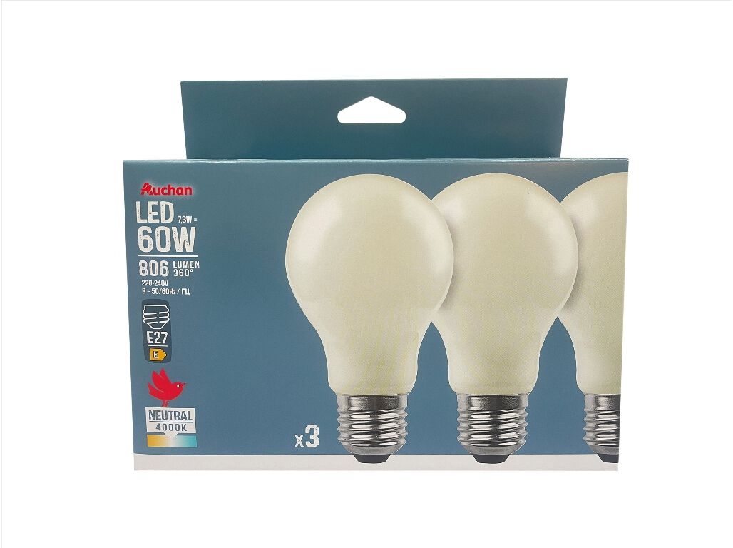 L&Acirc;MPADA LED AUCHAN STANDARD E27 60W LUZ BRANCA 3 UNIDADES