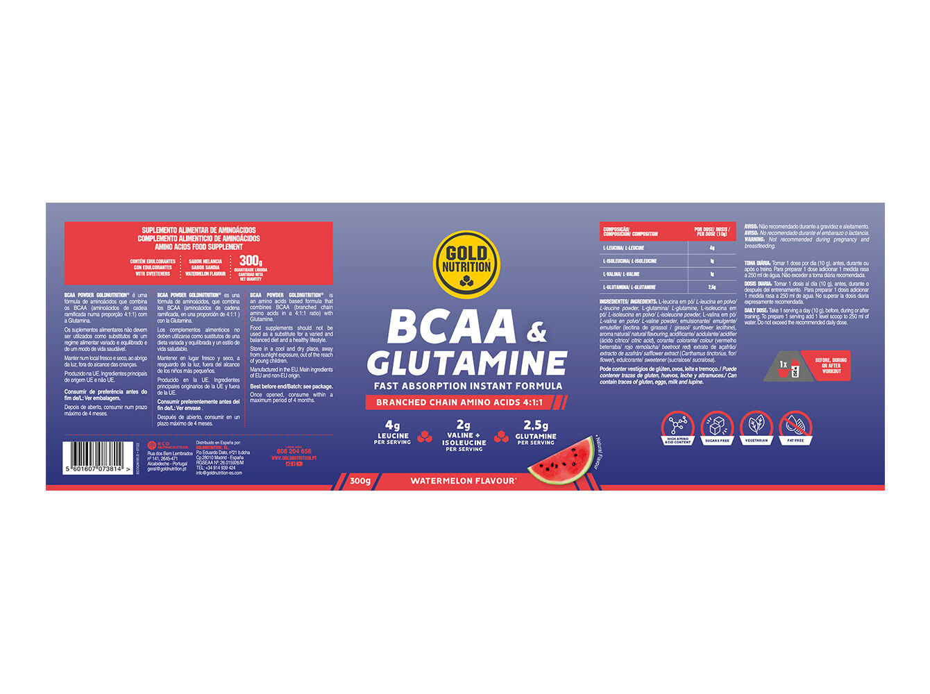 SUPLEMENTO GOLDNUTRITION BCAA'S MELANCIA 300G image number 1