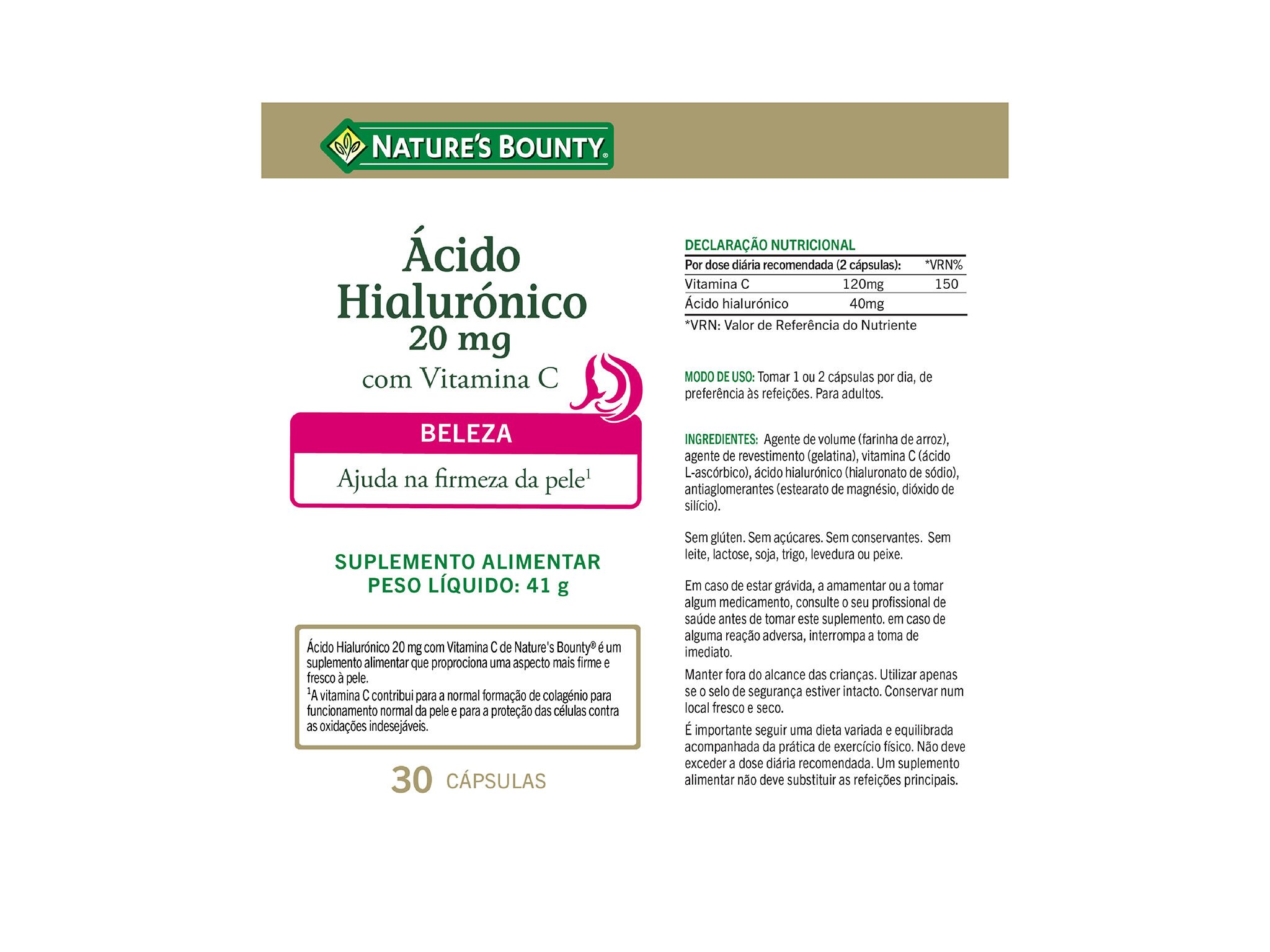 SUPLEMENTO NATURE?S BOUNTY &Aacute;CIDO HIALUR&Oacute;NICO 20 MG 30 CPS image number 2