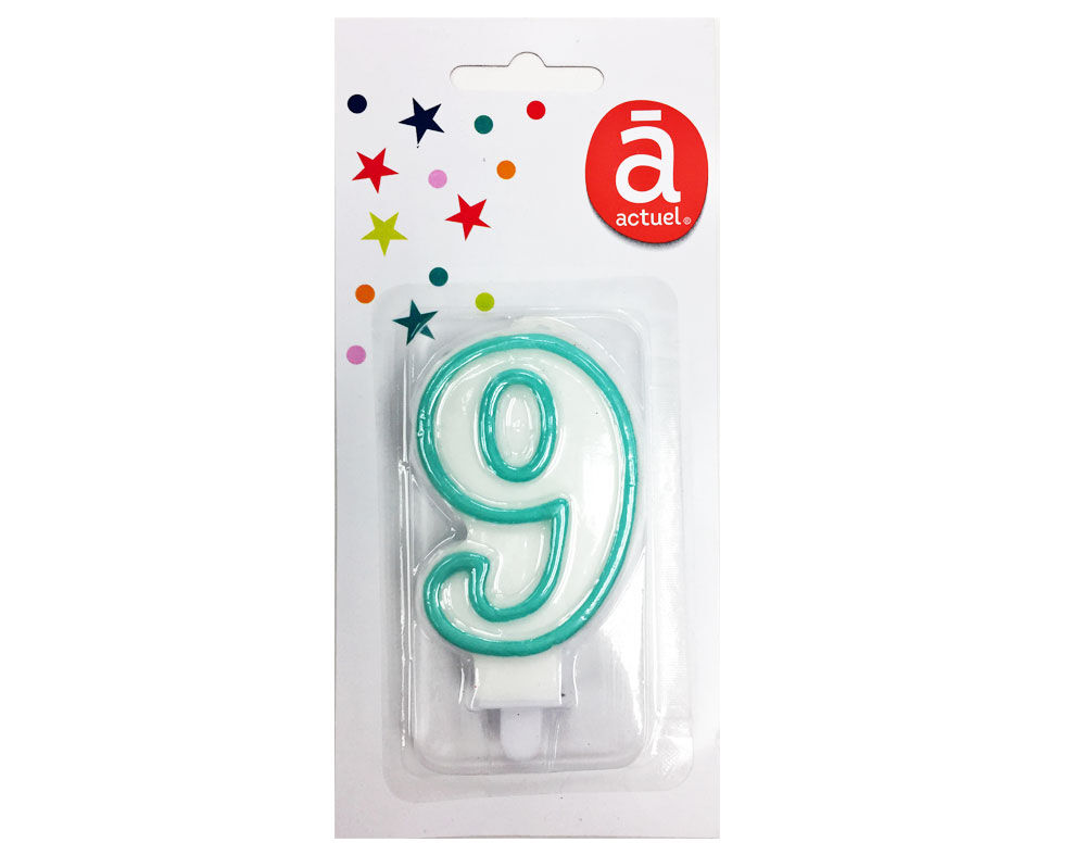 VELA DE ANIVERS&Aacute;RIO ACTUEL BRANCO COM REBORDO AZUL N&Uacute;MERO 9