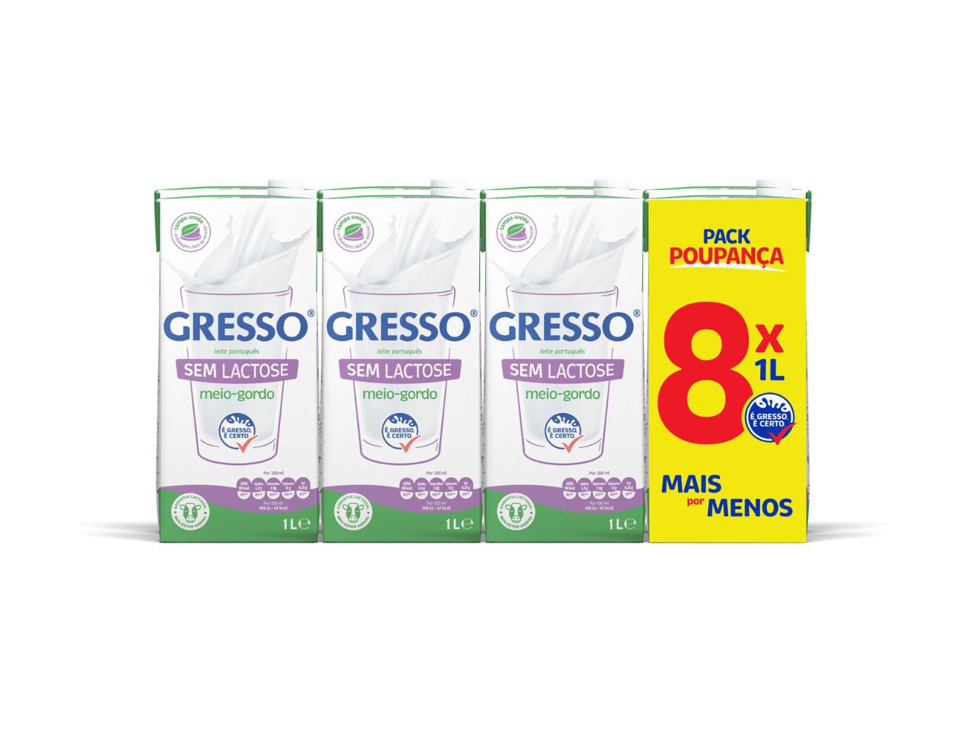 LEITE UHT GRESSO MEIO GORDO SEM LACTOSE 8X1L image number 1