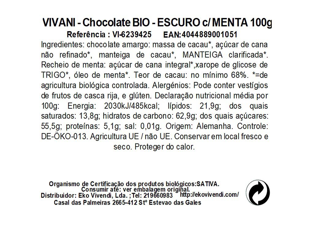 CHOCOLATE VIVANI PRETO COM MENTA BIO 100G image number 1