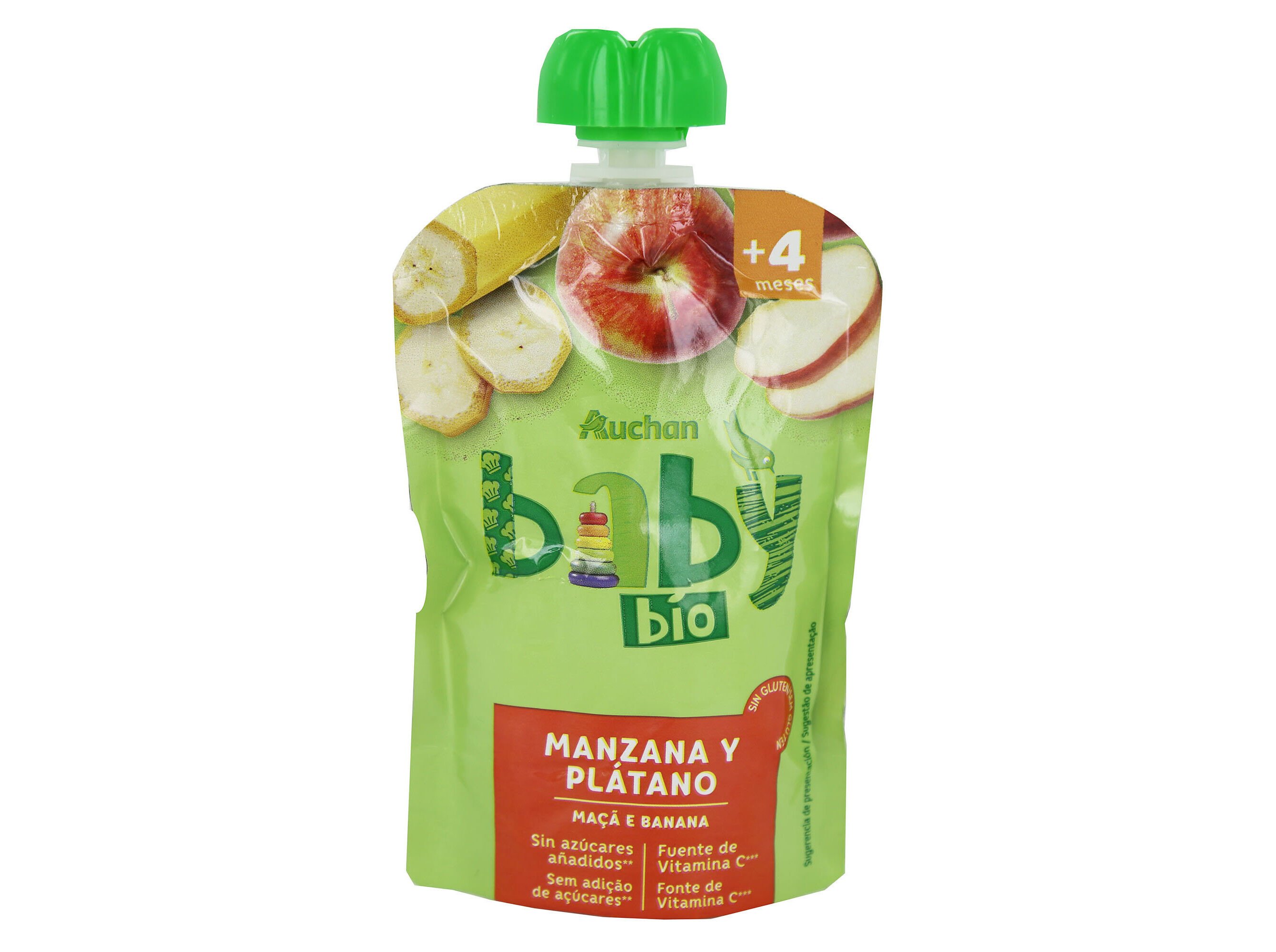 SAQUETA FRUTA AUCHAN BABY BIO MA&Ccedil;&Atilde; E BANANA SEM GL&Uacute;TEN 100G