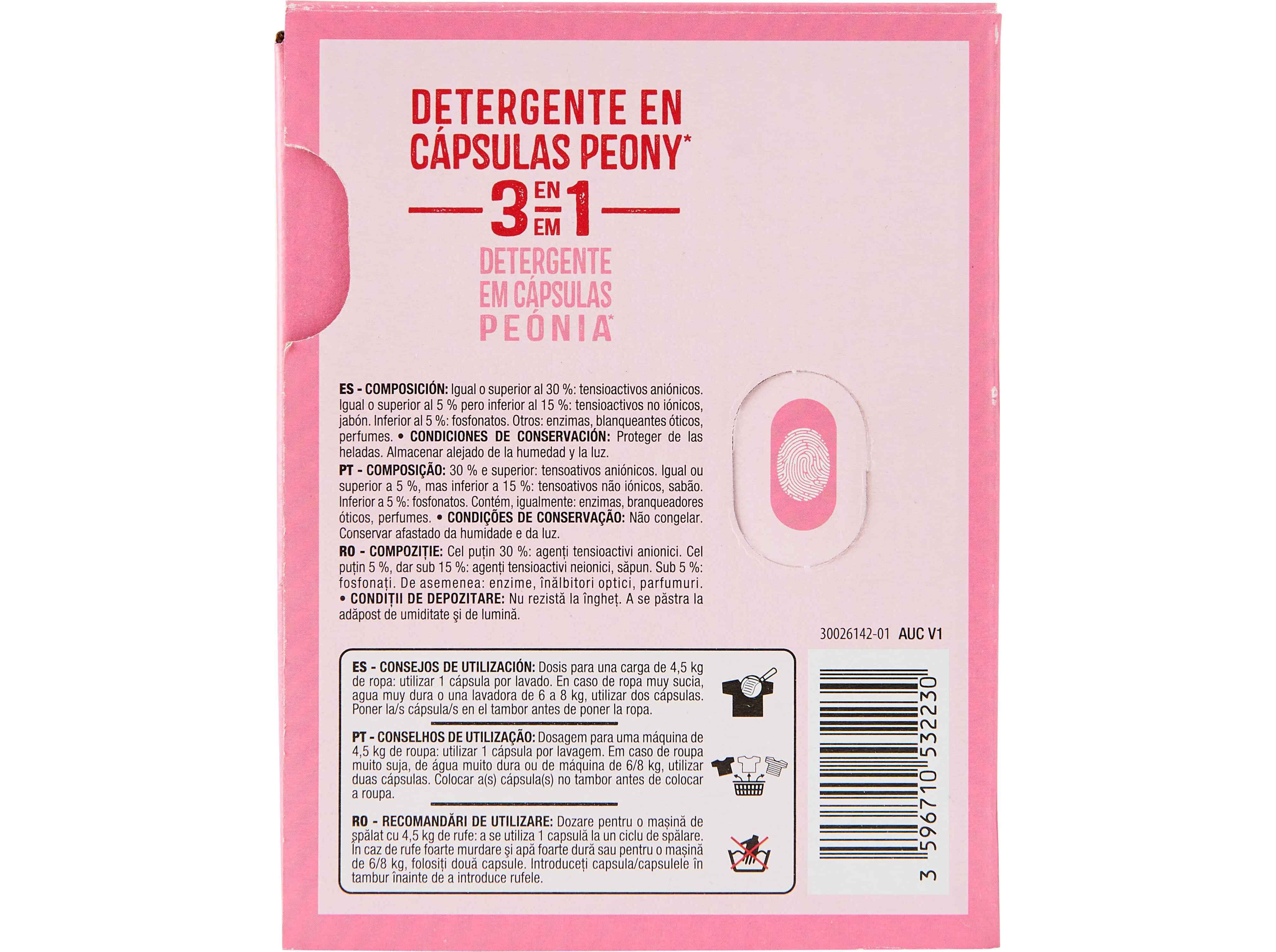 DETERGENTE M&Aacute;Q. ROUPA AUCHAN C&Aacute;PSULAS 3EM1 PE&Oacute;NIA 20D image number 2