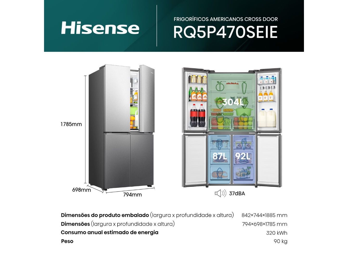FRIGOR&Iacute;FICO AMERICANO HISENSE RQ5P470SEIE (NO FROST E 178.5CM 483L CINZENTO) image number 7