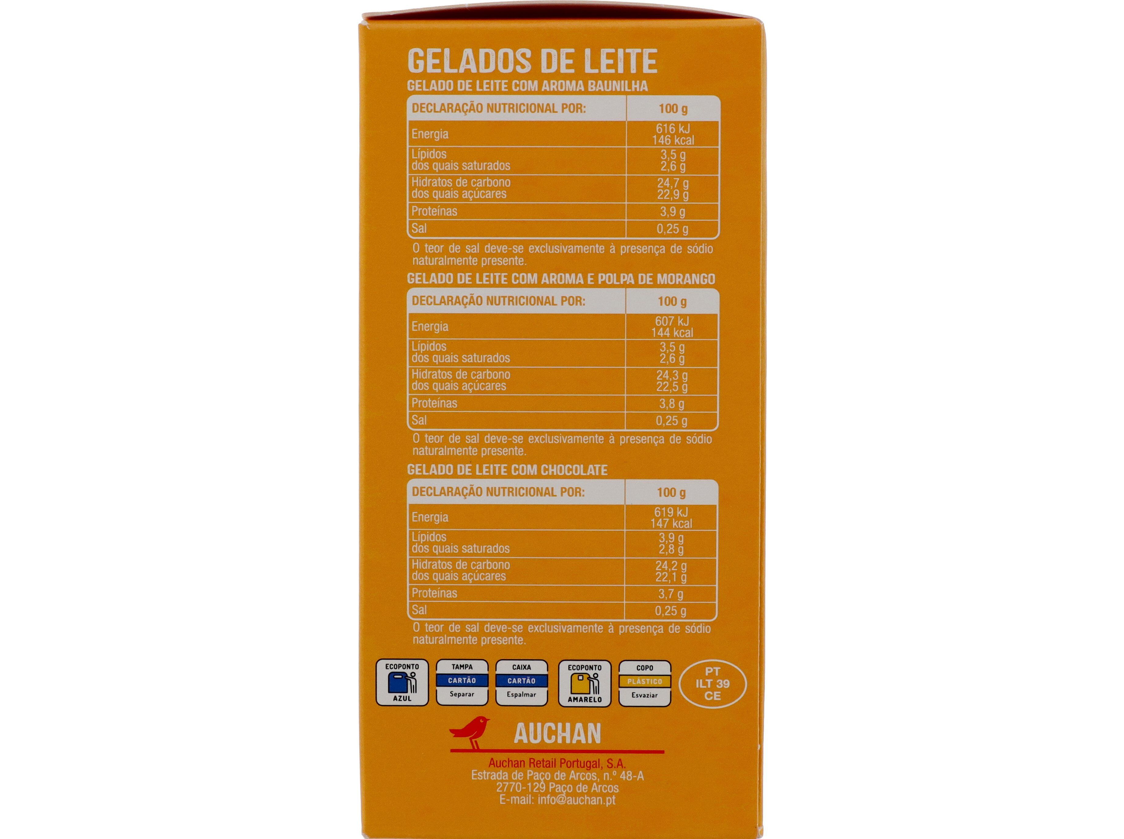 GELADOS DE LEITE AUCHAN CHOCOLATE MORANGO E BAUNILHA 6X100ML image number 1