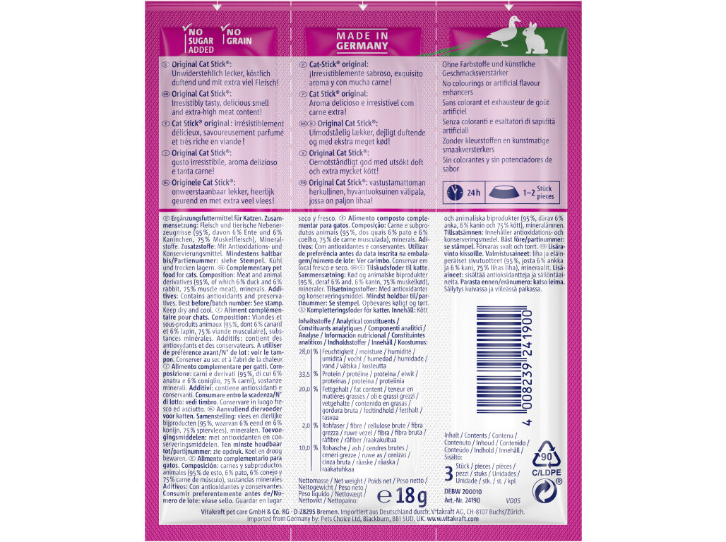 SNACKS PARA GATO MINI VITAKRAFT STICK COM PATO E COELHO PACK 3 UNIDADES image number 1