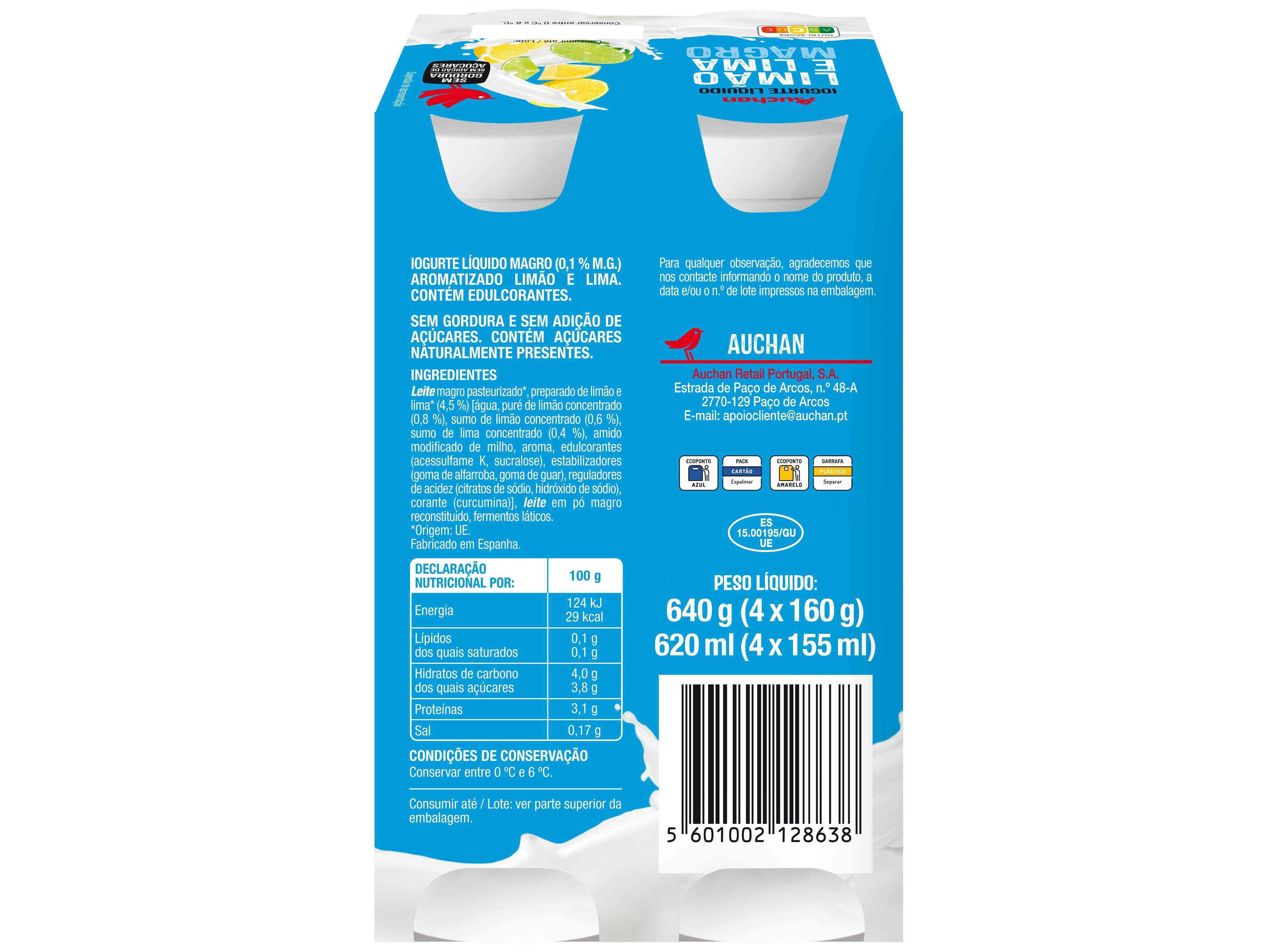 IOGURTE L&Iacute;QUIDO MAGRO AUCHAN LIMA LIM&Atilde;O 4X160G image number 1