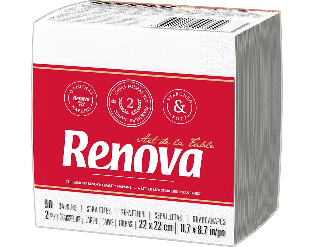 GUARDANAPOS FOLHA DUPLA TIPO B RENOVA BRANCO 22X22CM PACK 90 UNIDADES