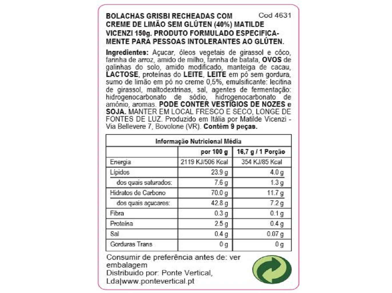 BOLACHAS VICENZI GRISBI LIM&Atilde;O SEM GL&Uacute;TEN 150G image number 1