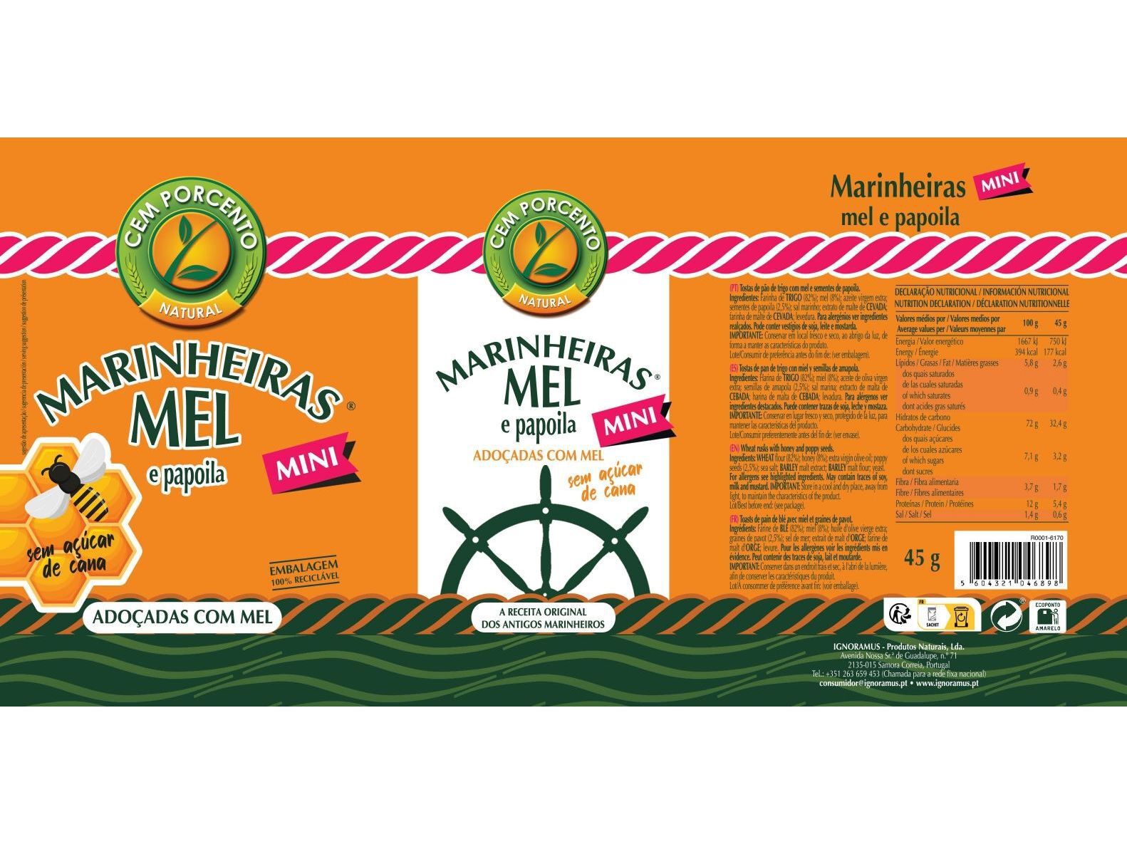 BOLACHAS CEM PORCENTO MINI MARINHEIRAS MEL 45G image number 1