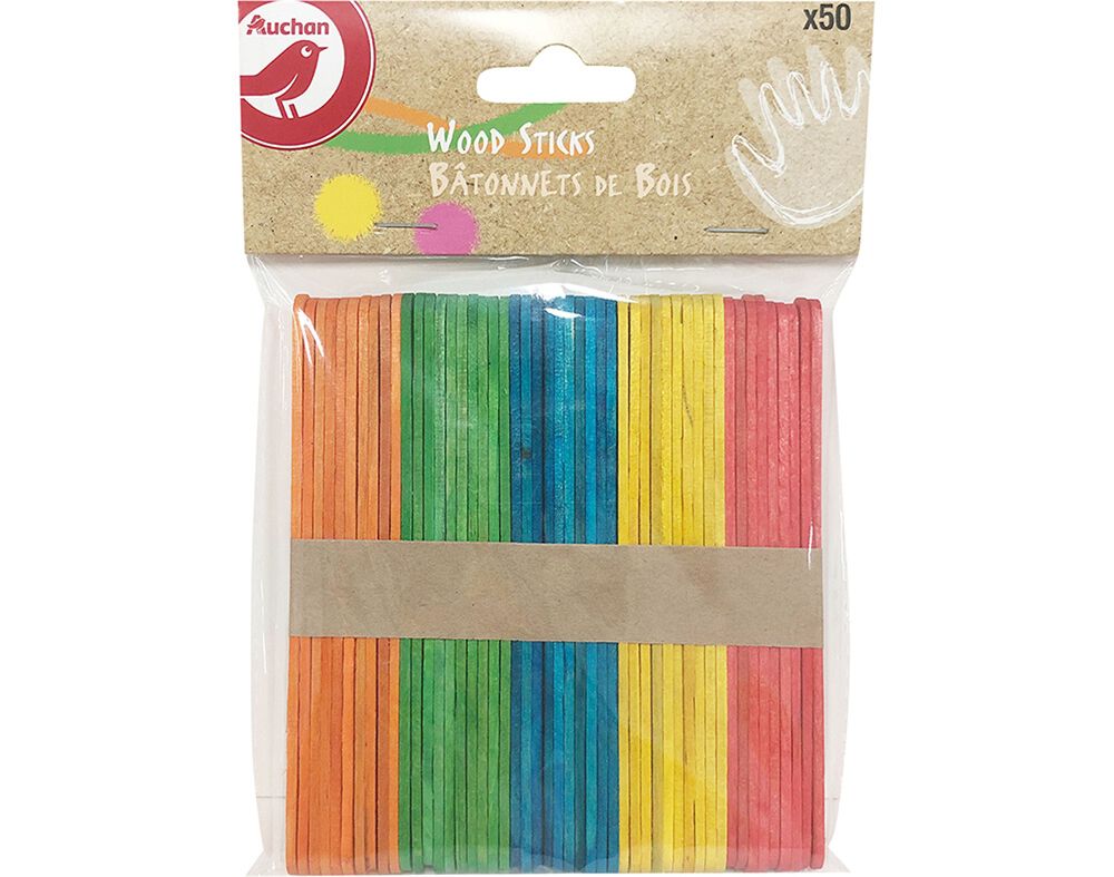 PAU DE GELADO AUCHAN MADEIRA 5 CORES 50 UNIDADES