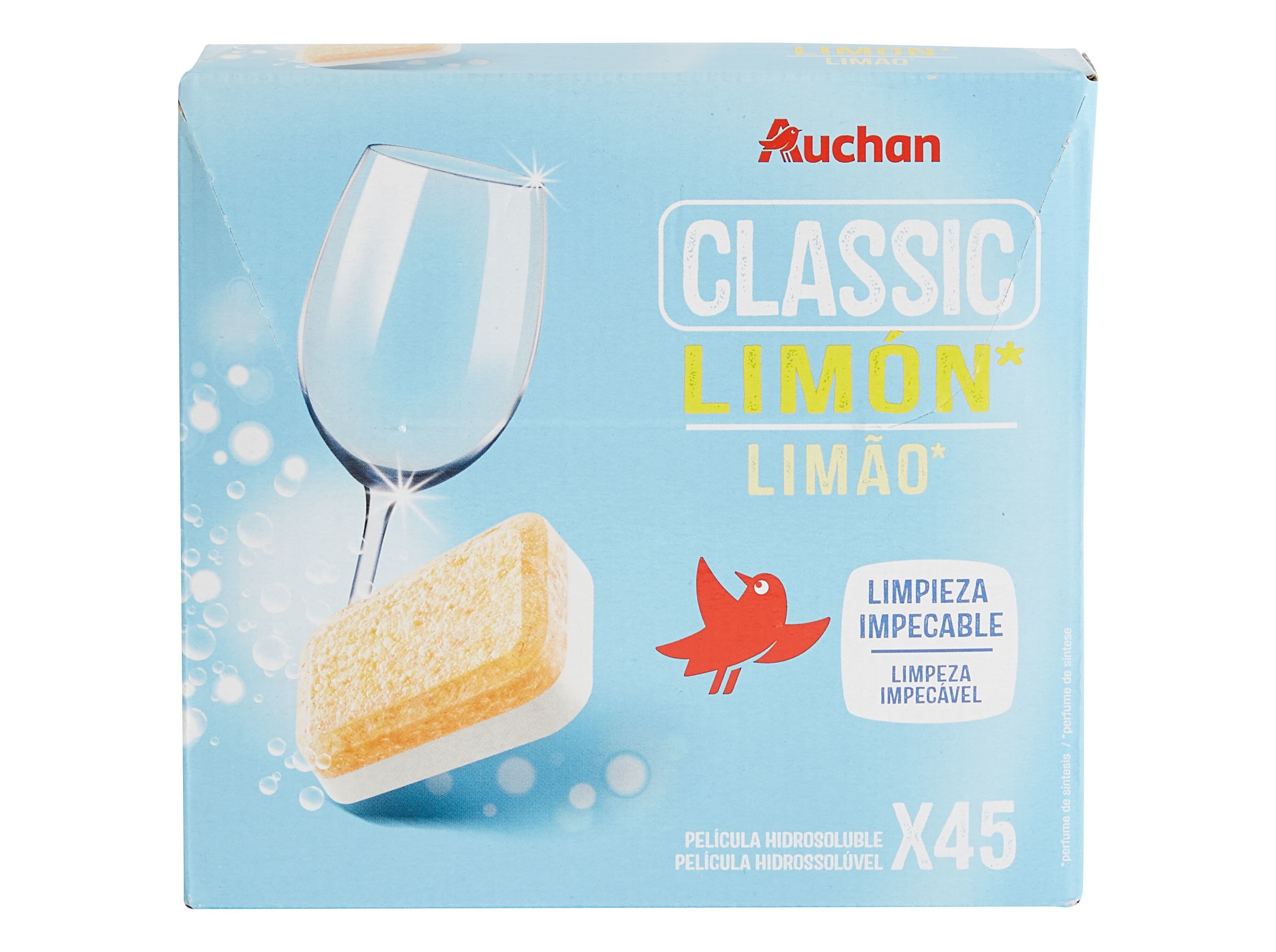DETERGENTE AUCHAN M&Aacute;QUINA LOI&Ccedil;A PASTILHA CLASSIC LIM&Atilde;O 45UN