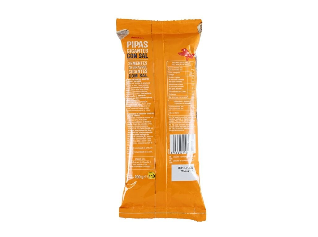 SEMENTES DE GIRASSOL (PIPAS) GIGANTES COM SAL AUCHAN 200 G image number 1