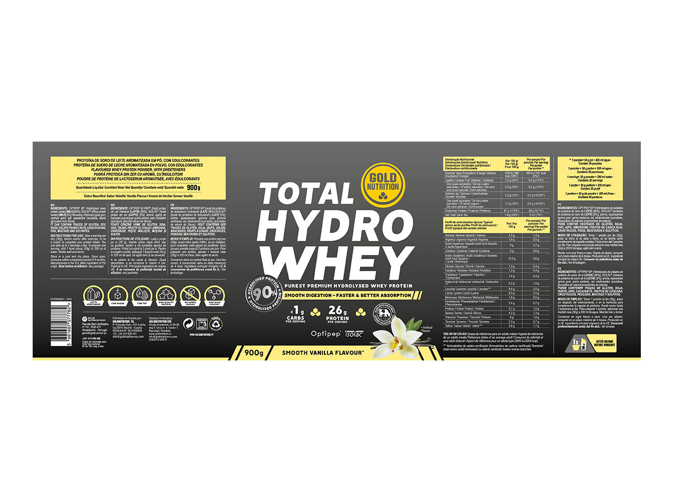 PROTEINA GOLDNUTRITION TOTAL HYDRO WHEY BAUNILHA 900G image number 1