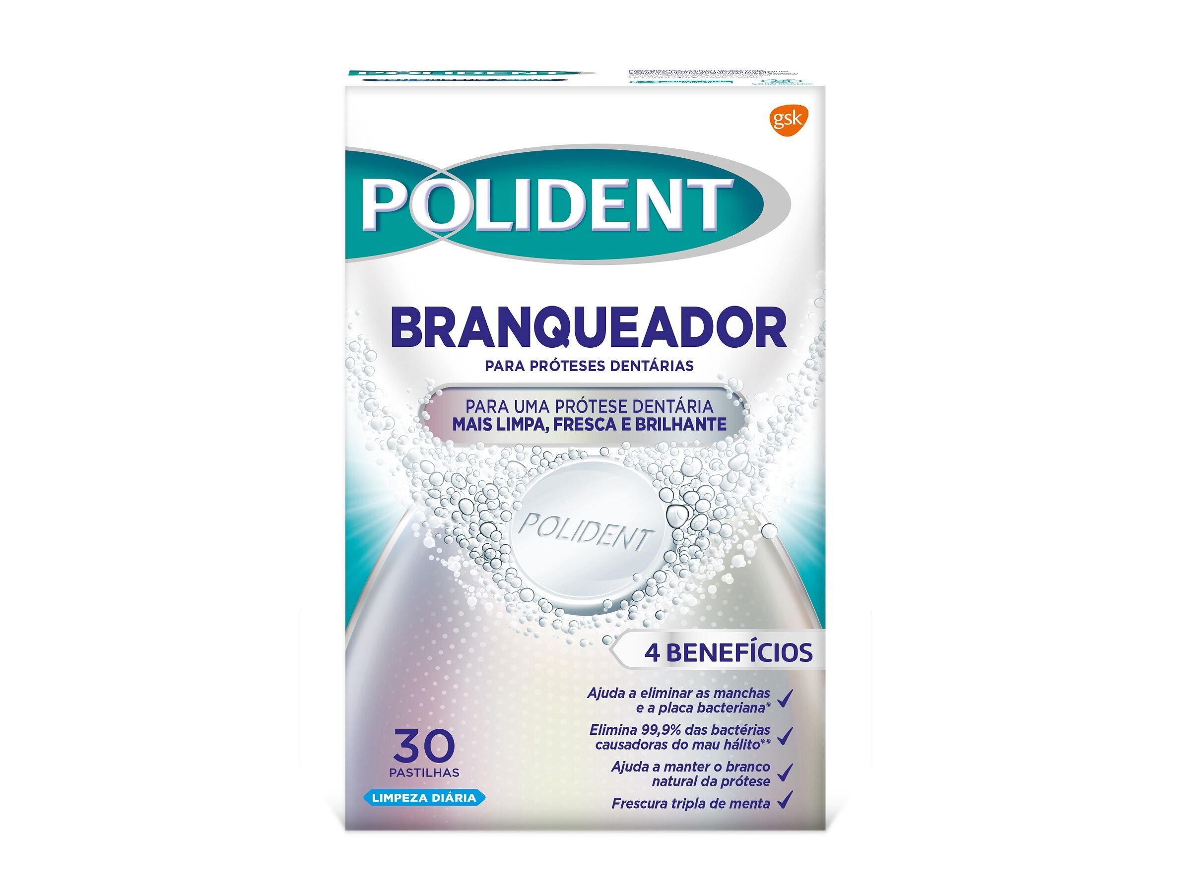 PASTILHAS LIMPEZA PR&Oacute;TESE BRANQUEADORA POLIDENT 30UNDS