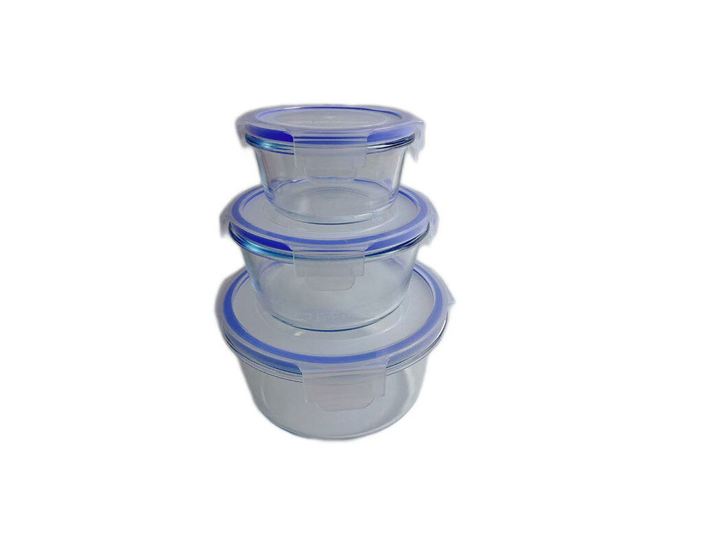 CONJUNTO DE 3 CAIXAS HERM&Eacute;TICAS ACTUEL VIDRO REDONDAS AZUL 0.3L/0.7L/1.5L