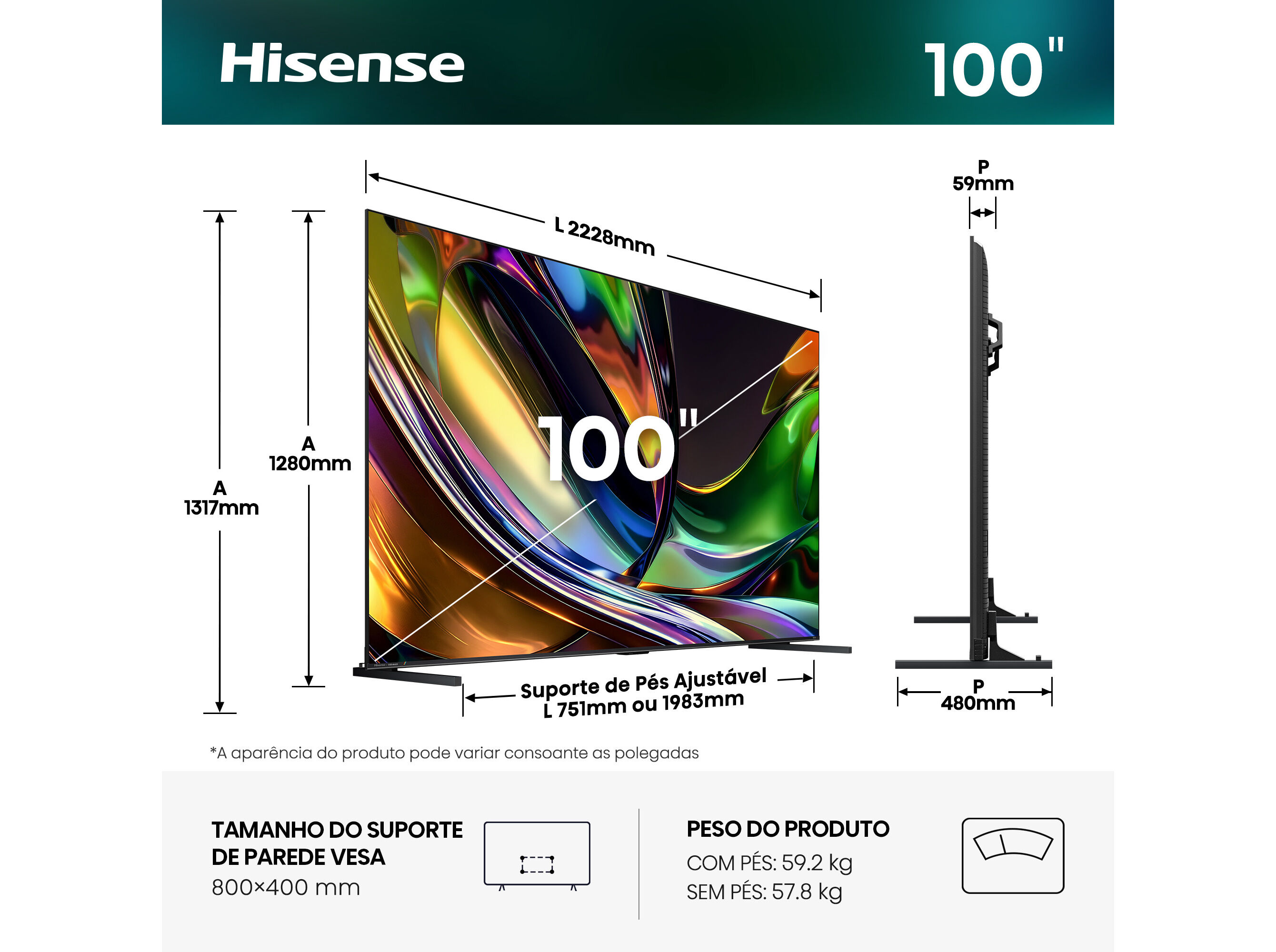 TV MINILED HISENSE 100UR8S (100" 165HZ GOOGLE TV 254CM) image number 1