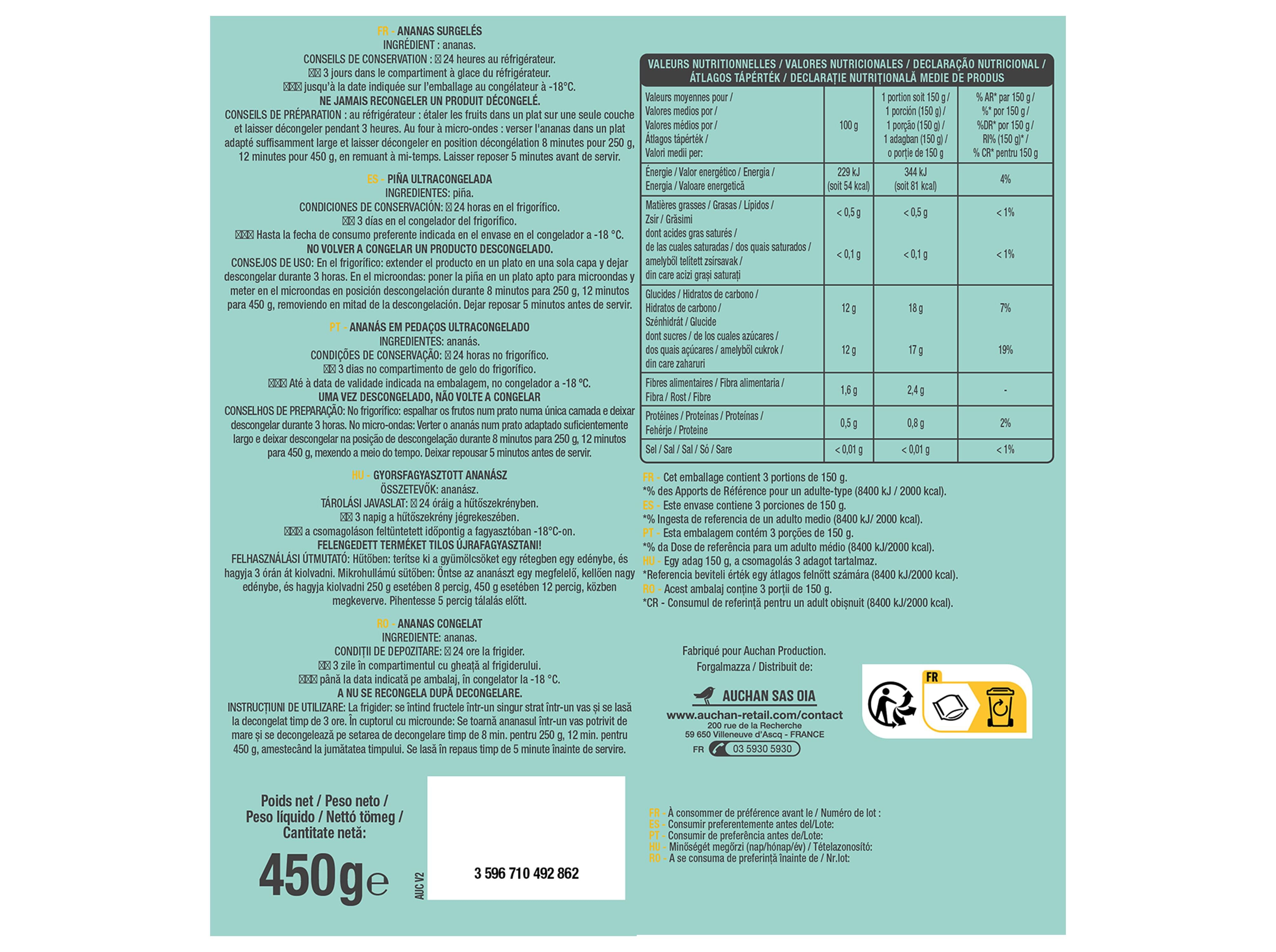 ANAN&Aacute;S AUCHAN EM PEDA&Ccedil;OS ULTRACONGELADOS 450G image number 1