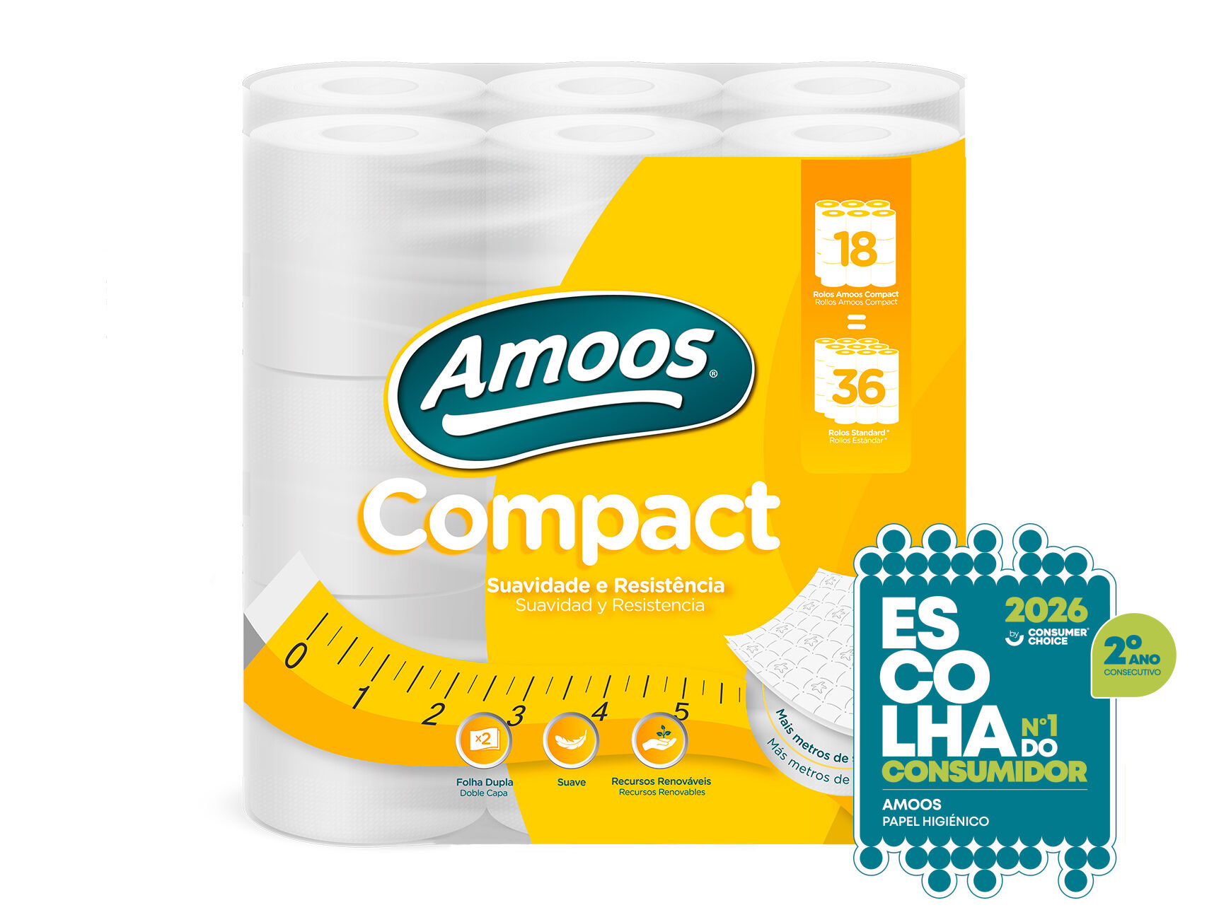 PAPEL HIGI&Eacute;NICO AMOOS 2 FOLHAS COMPACT 18=36UN 18UN image number 1