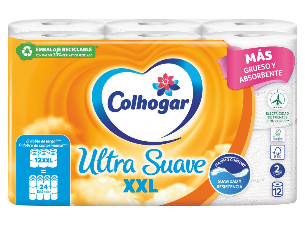 PAPEL COLHOGAR HIGI&Eacute;NICO ULTRA SUAVE XXL 12ROLOS=24ROLOS image number 6