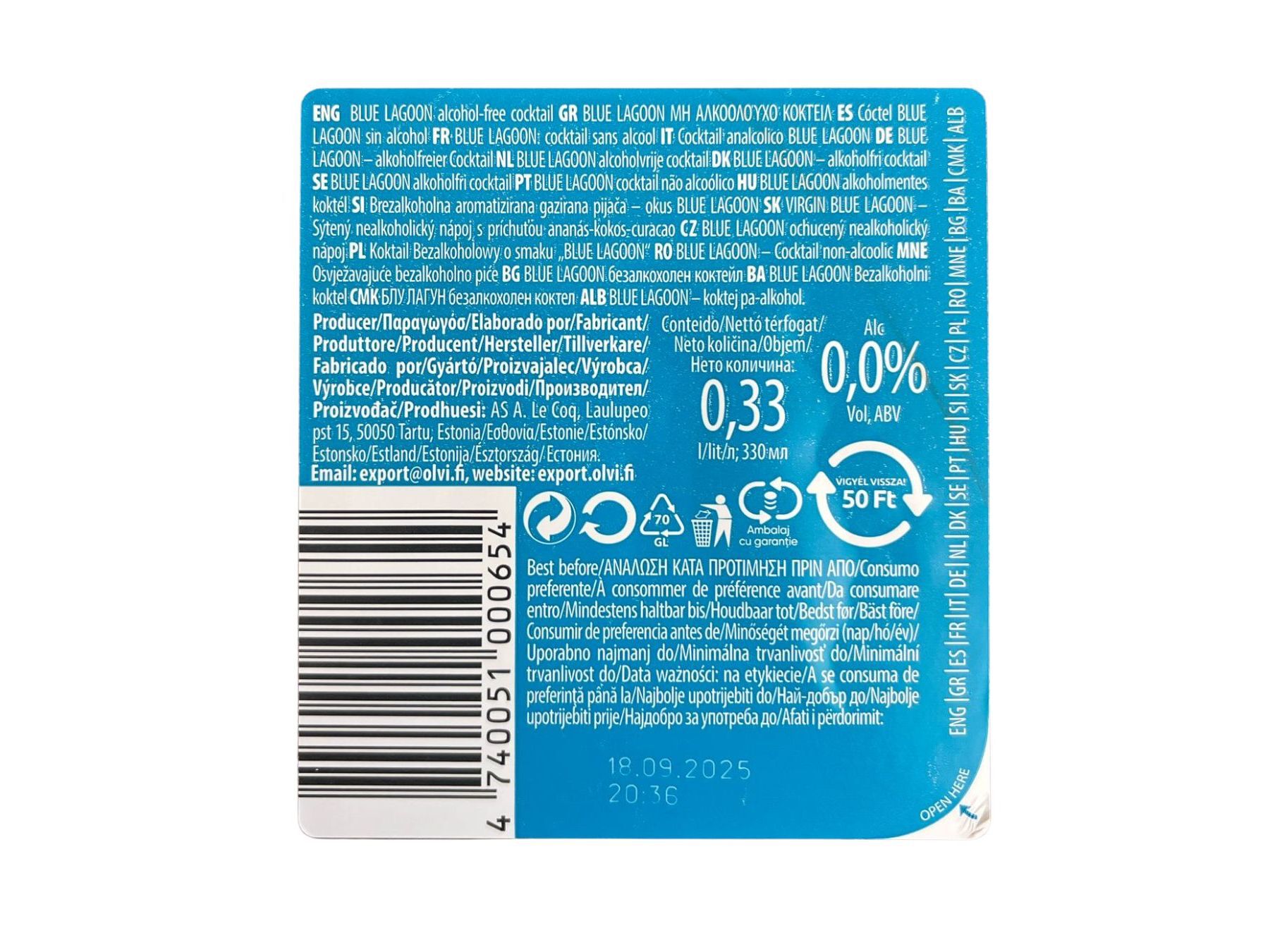 COCKTAIL LE COQ VIRGIN BLUE LAGOON 0% 0.33L image number 1