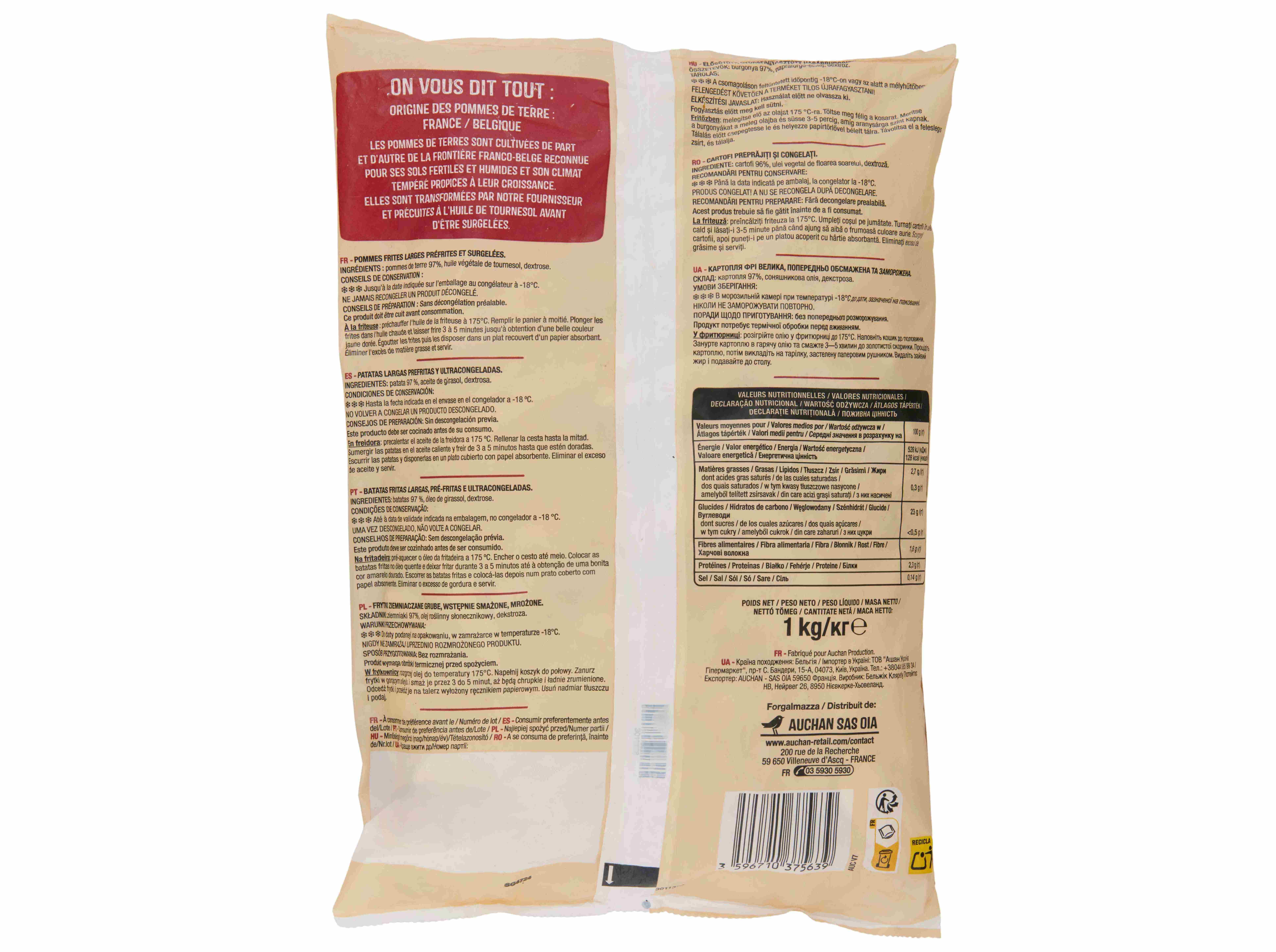 BATATAS PR&Eacute;-FRITAS AUCHAN EXTRA LARGAS PARA FRITAR 1KG image number 1