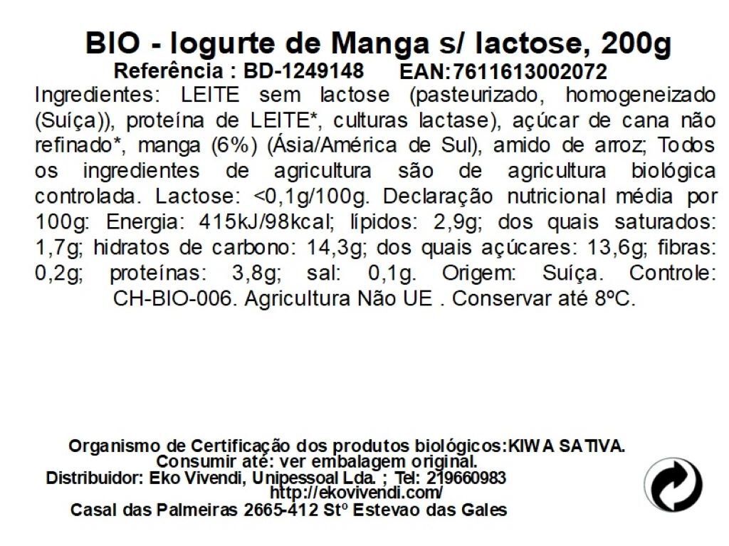 IOGURTE MANGA BIEDERMANN SEM LACTOSE BIO 200G image number 1