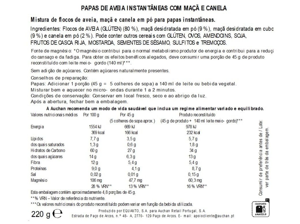 AVEIA AUCHAN EAT'N MOVE ENERGY MA&Ccedil;&Atilde; CANELA EM P&Oacute; 220G image number 1