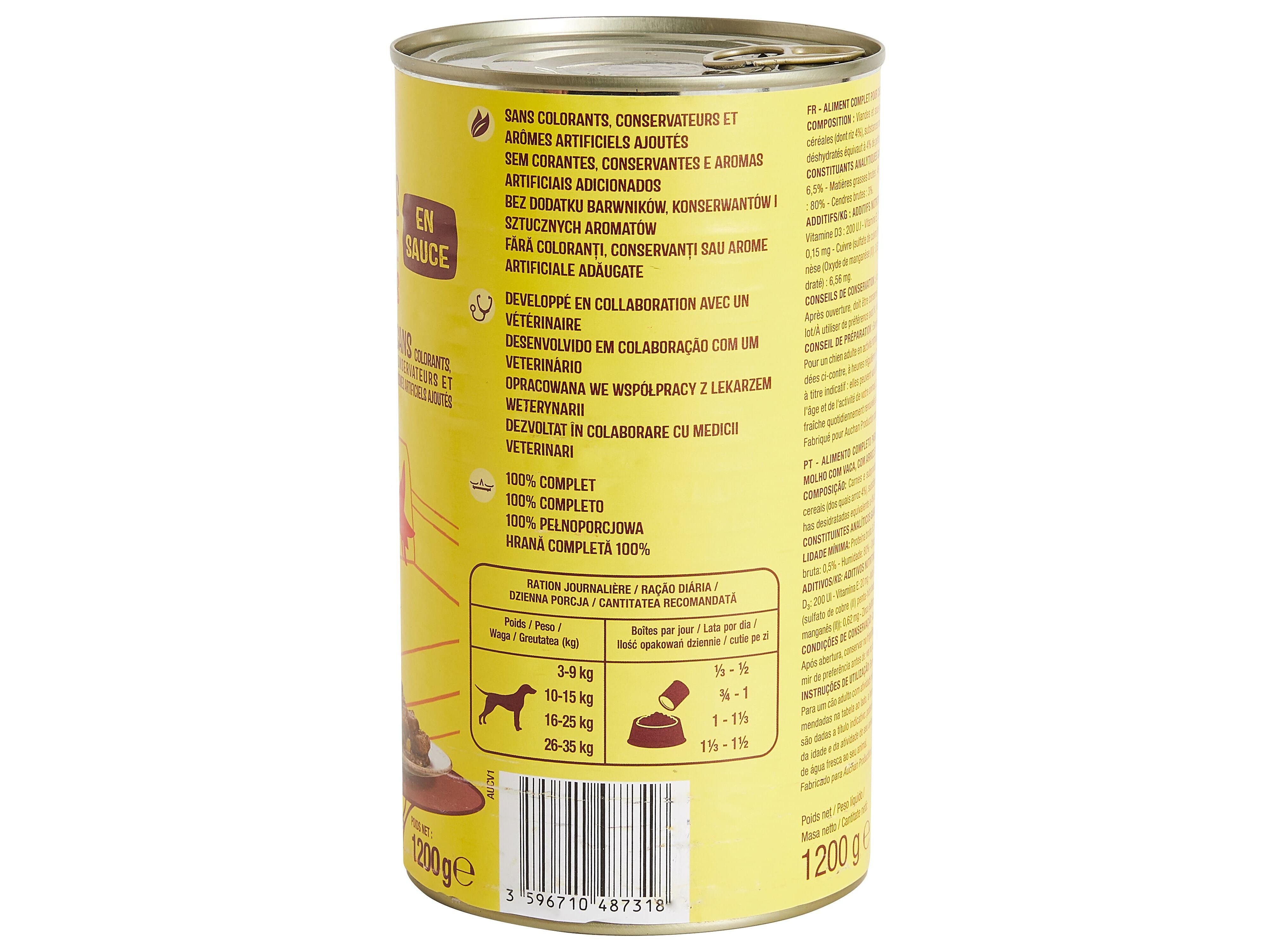 COMIDA H&Uacute;MIDA PARA C&Atilde;O AUCHAN PEDA&Ccedil;OS EM MOLHO COM VACA COM ARROZ E COM ERVILHAS 1200G image number 3