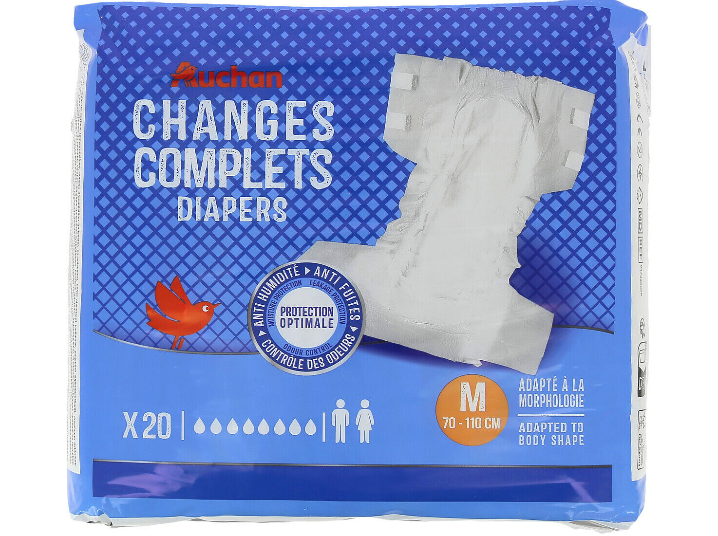 FRALDAS INCONTIN&Ecirc;NCIA AUCHAN TAMANHO M UNISSEXO 20UN