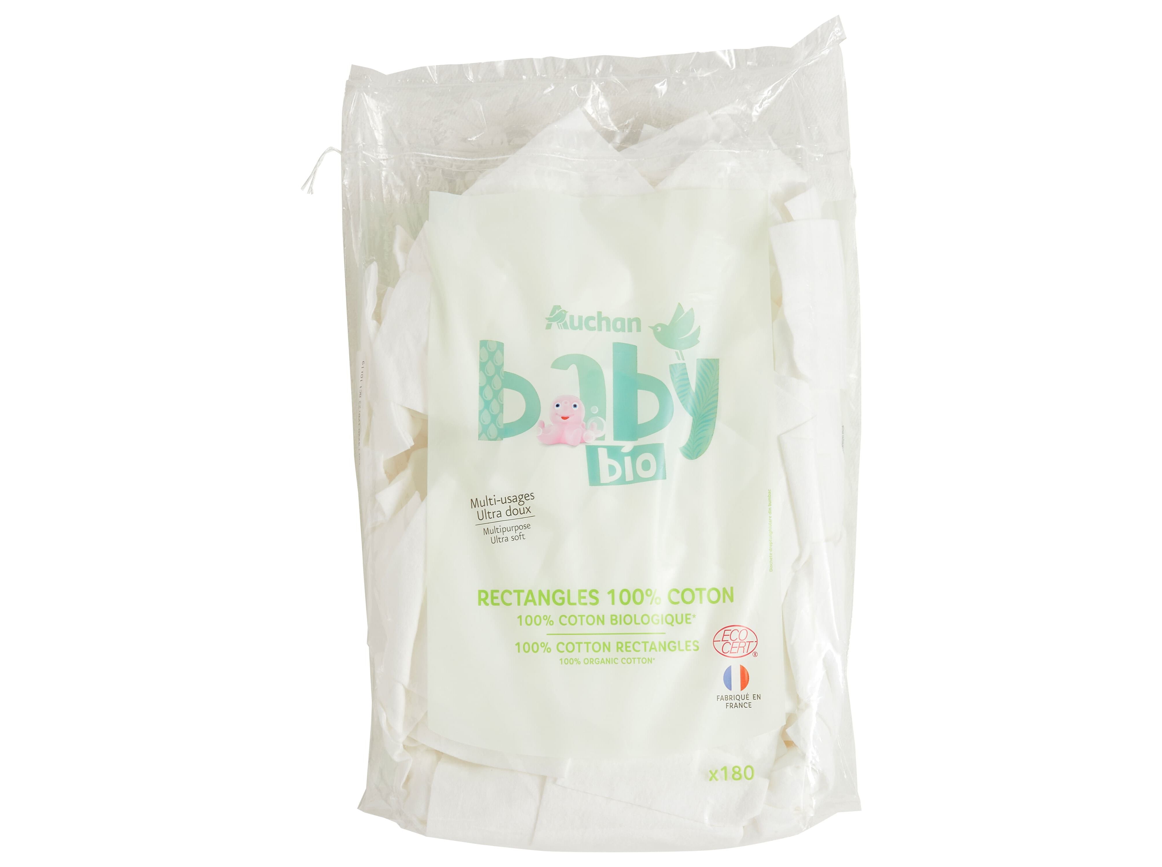 RET&Acirc;NGULOS AUCHAN BABY BIO 100% ALGOD&Atilde;O 180UN