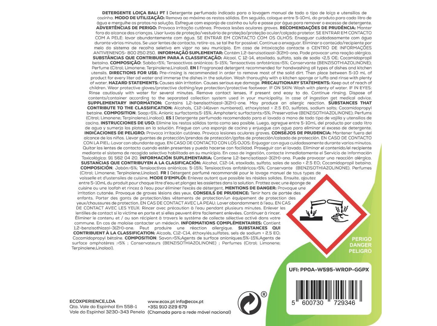 DETERGENTE LOI&Ccedil;A MANUAL ECOX BALI 850ML image number 1