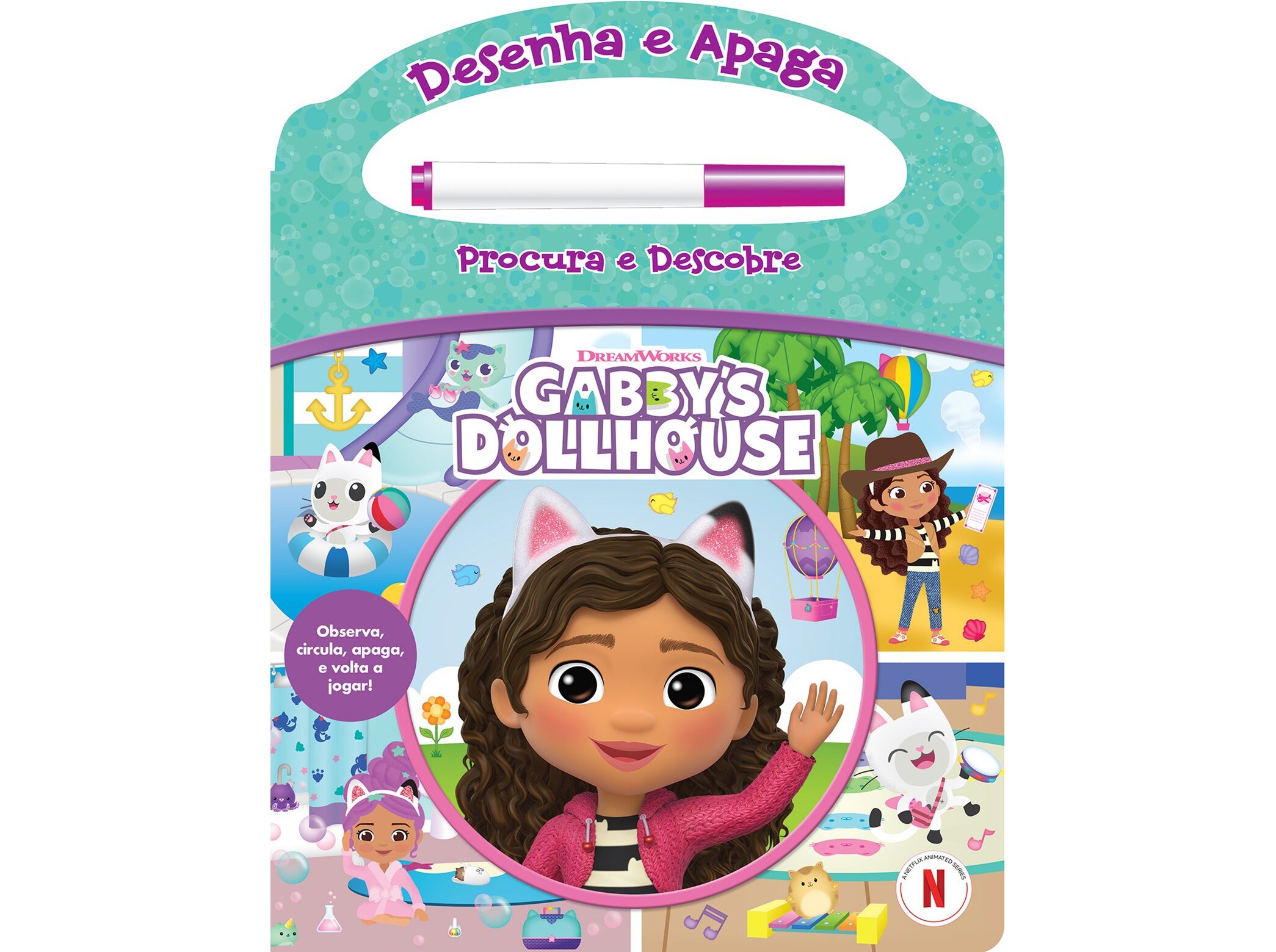 LIVRO GABBY'S DOLLHOUSE - DESENHA E APAGA. PROCURA E DESCOBRE image number 0