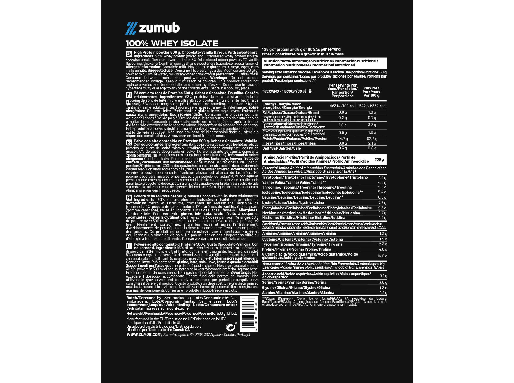 PROTEINA WHEY ZUMUB 100% ISOLADA CHOCO BAUN 500G image number 1