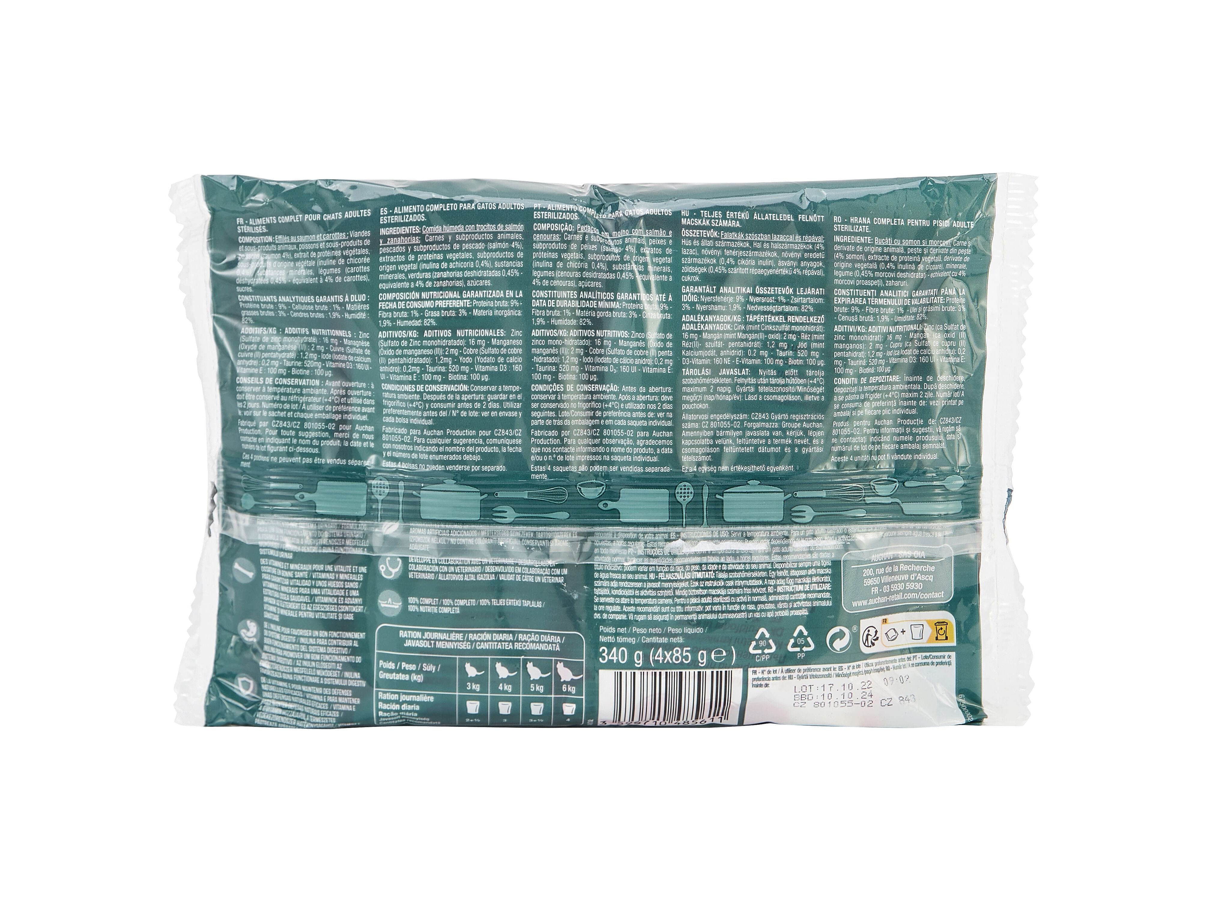 COMIDA H&Uacute;MIDA PARA GATO AUCHAN ESTERILIZADO SAQUETAS PEDA&Ccedil;OS EM MOLHO COM SALM&Atilde;O E CENOURAS 4X85G image number 1
