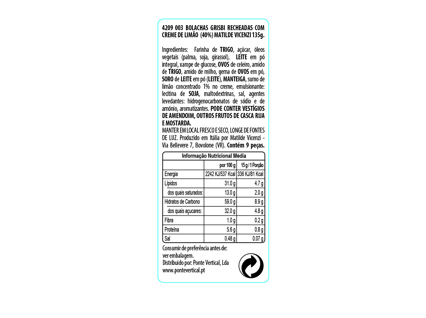 BOLACHAS GRISBI M. VICENZI CREME LIM&Atilde;O 135 G image number 1