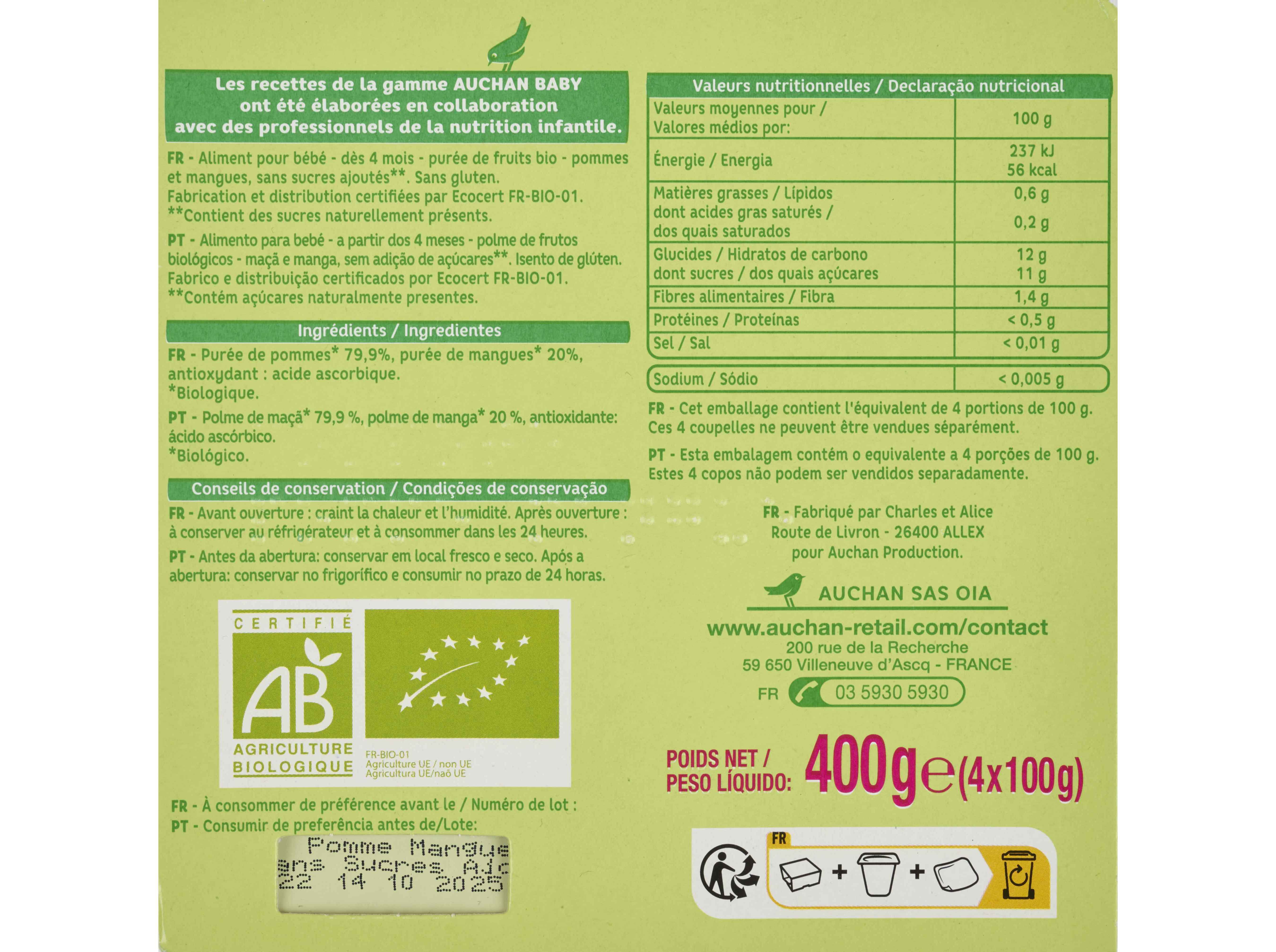 TACINHA FRUTA AUCHAN BABY BIO MA&Ccedil;&Atilde; E MANGA SEM GL&Uacute;TEN 4X100G image number 1