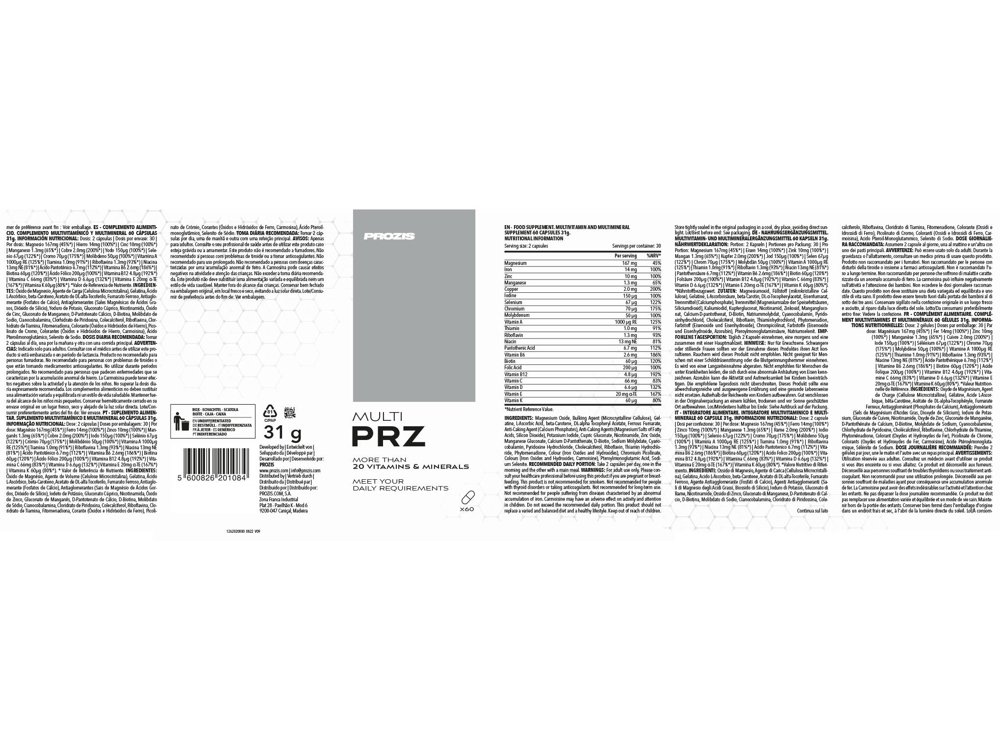 SUPLEMENTO PROZIS MULTIVITAM&Iacute;NICO PRZ 60 CAPS image number 1