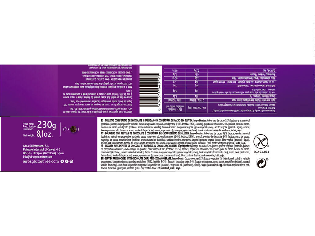 BOLACHAS AIROS COOKIES CHOCO SEM GLUTEN 230G image number 1