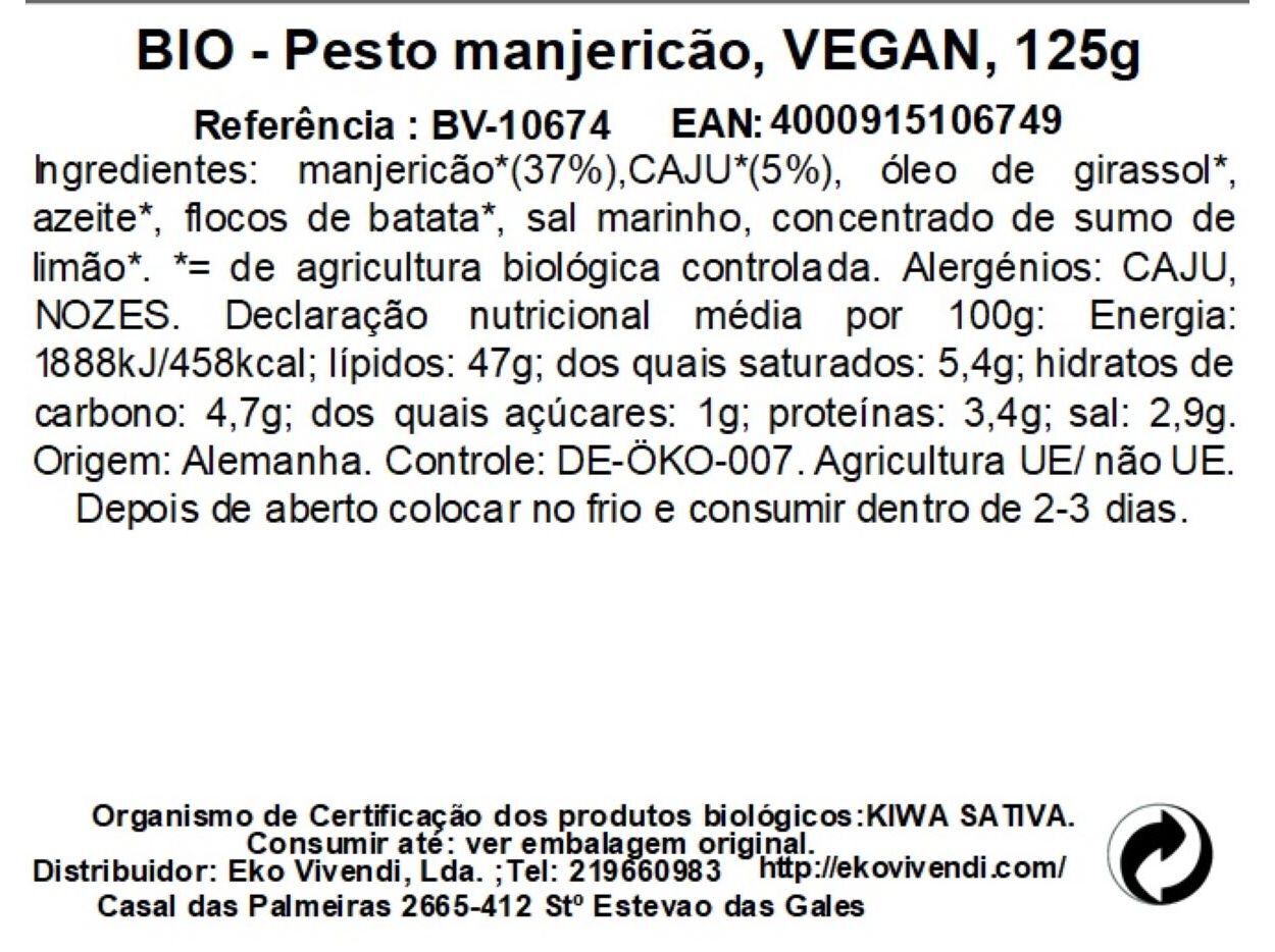 PESTO MANJERIC&Atilde;O BIO VERDE VEGAN 125G image number 1