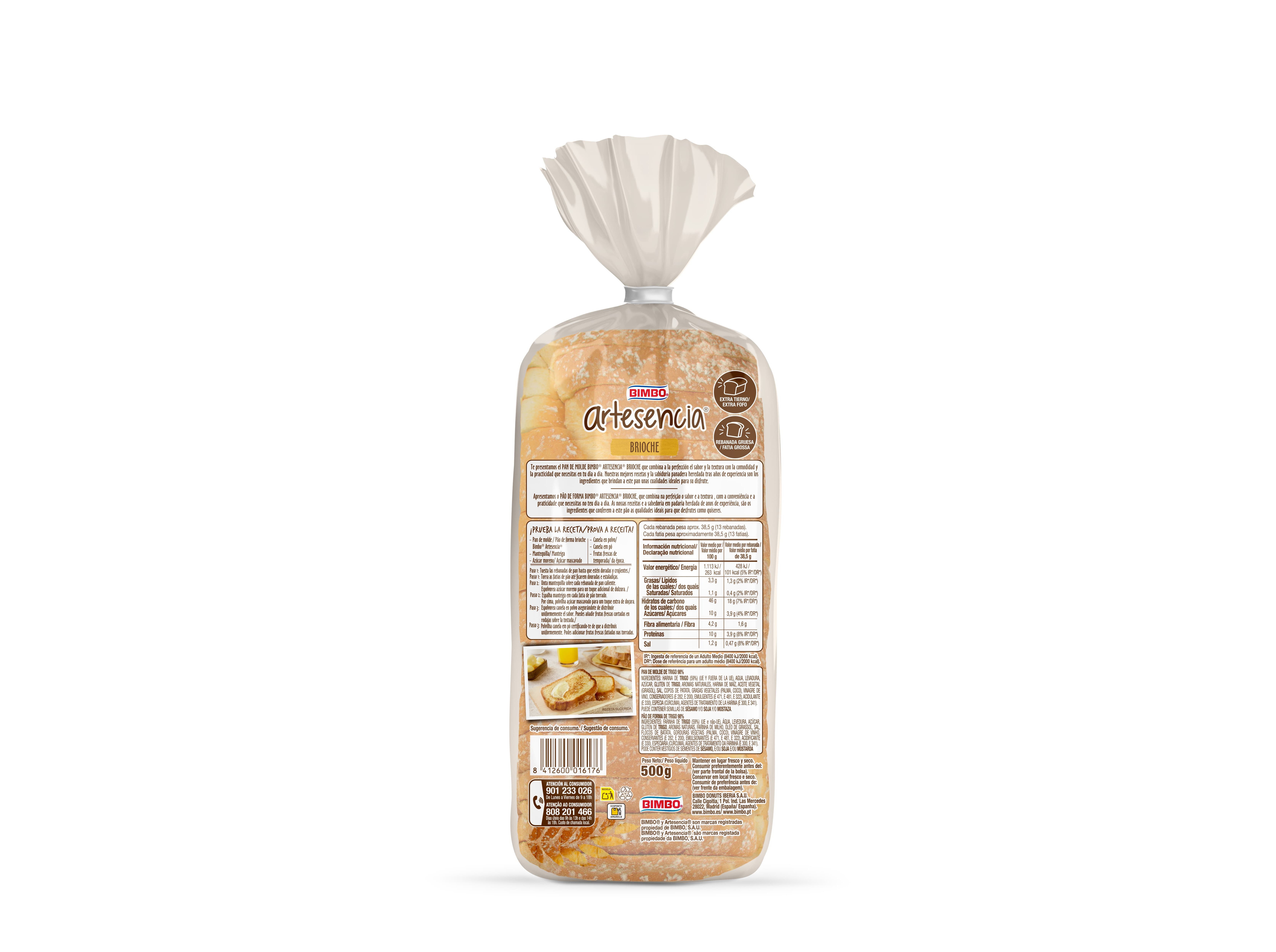 P&Atilde;O DE FORMA BRIOCHE BIMBO ARTESENCIA 500G image number 1